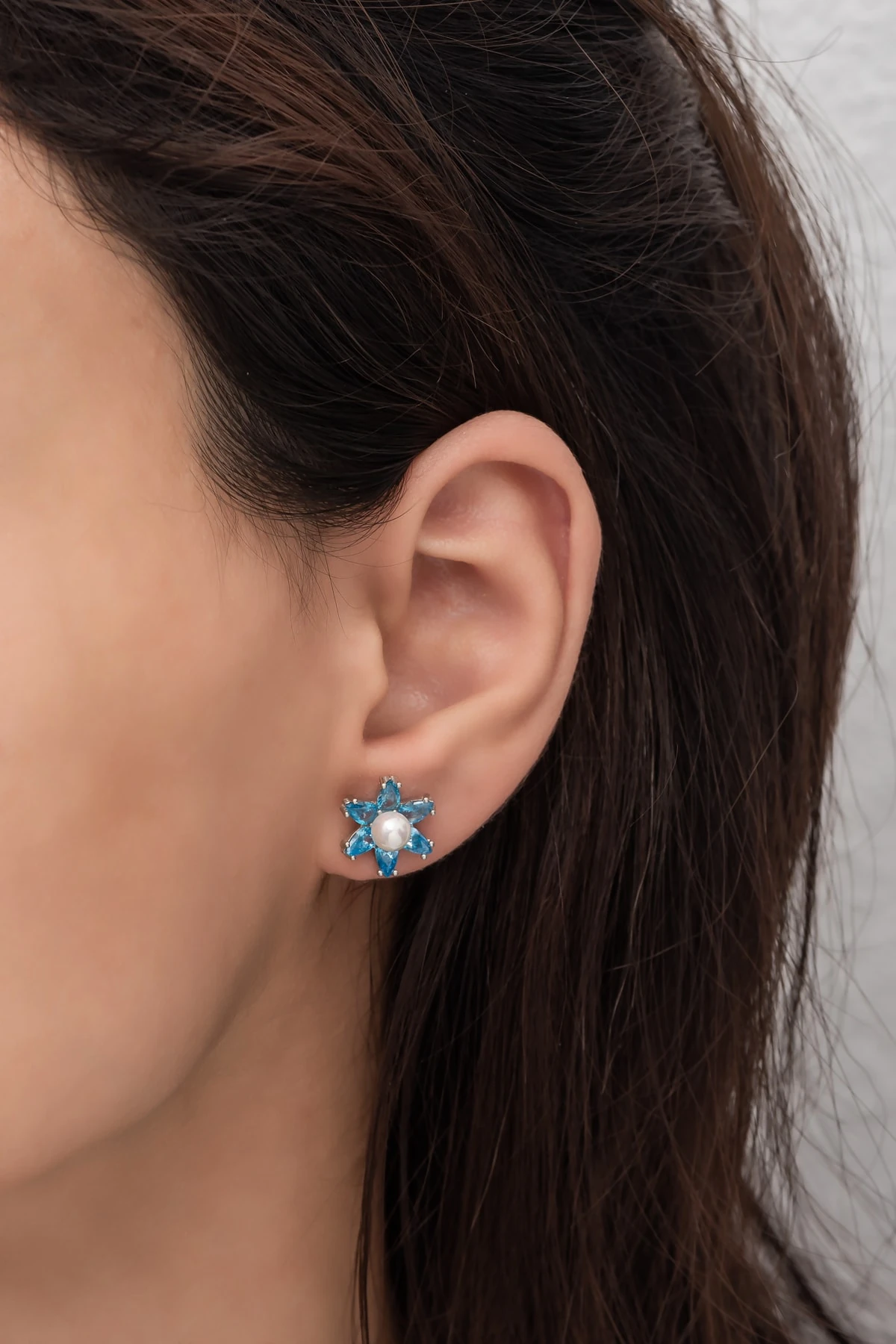 Incili Lotus Akuamarin Taşlı Rodaj Küpe-925 Ayar Gümüş