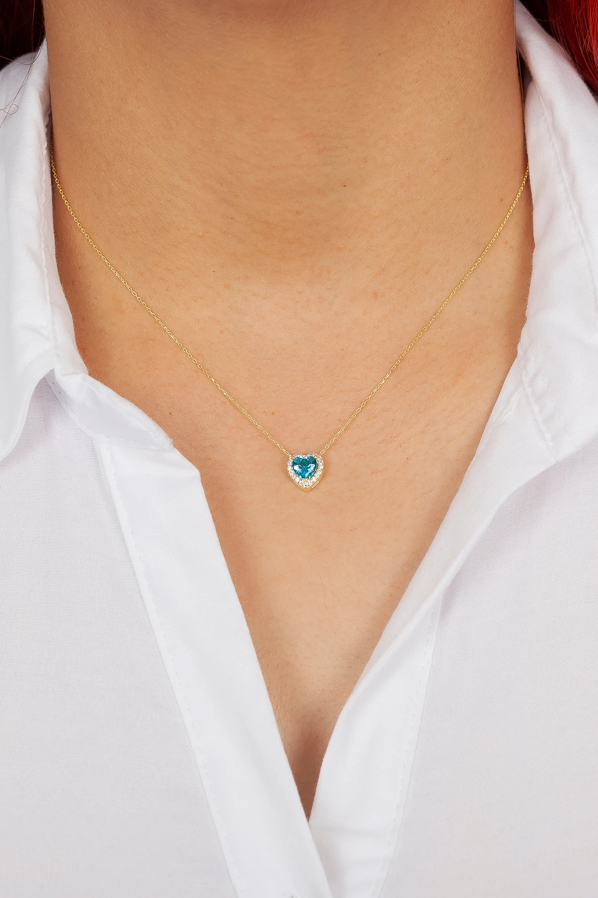 925 AYAR GÜMÜŞ GOLD AKUAMARİN TAŞLI KALP KOLYE