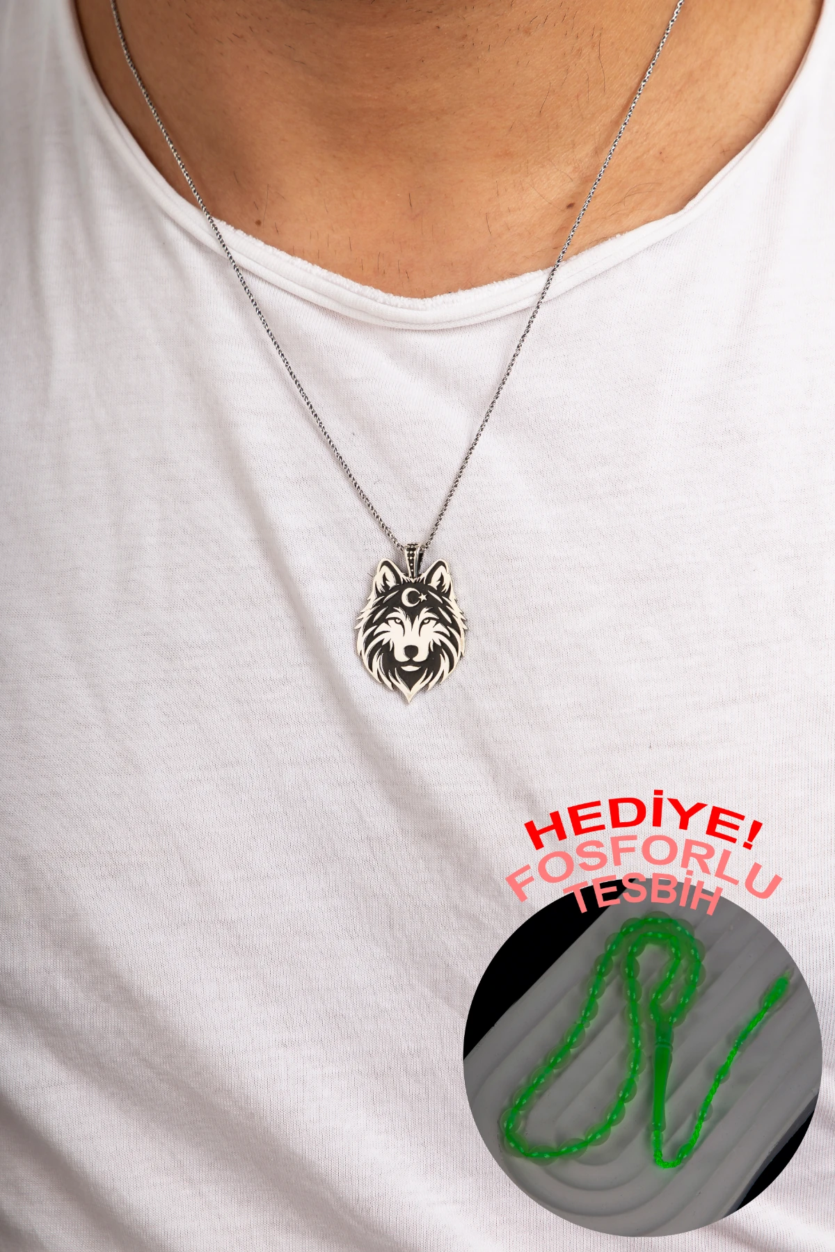 GÜMÜŞ KURT VE AY YILDIZ MOTİFLİ ERKEK KOLYE