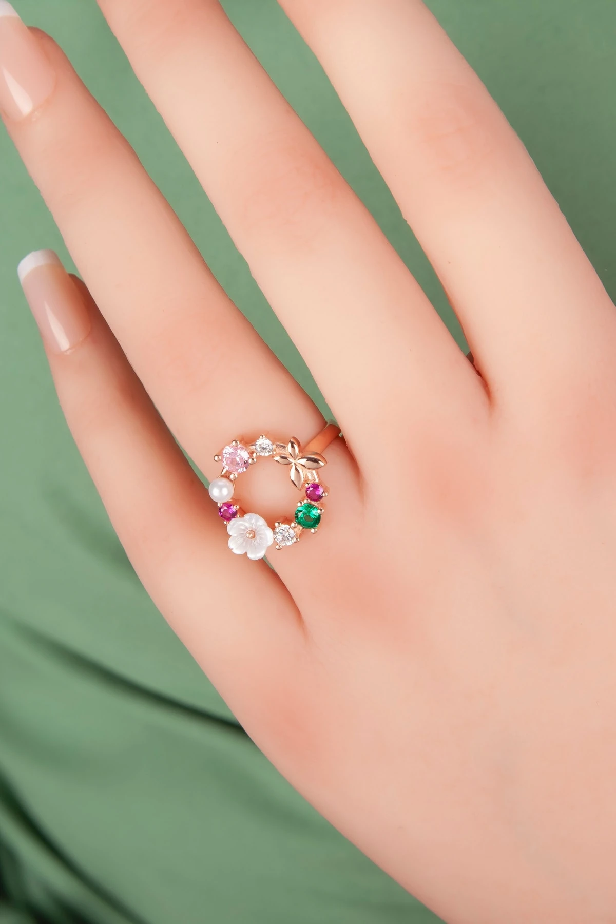 Mix Taşlı Rose Manolya Çiçeği Yüzük-925 Ayar Gümüş