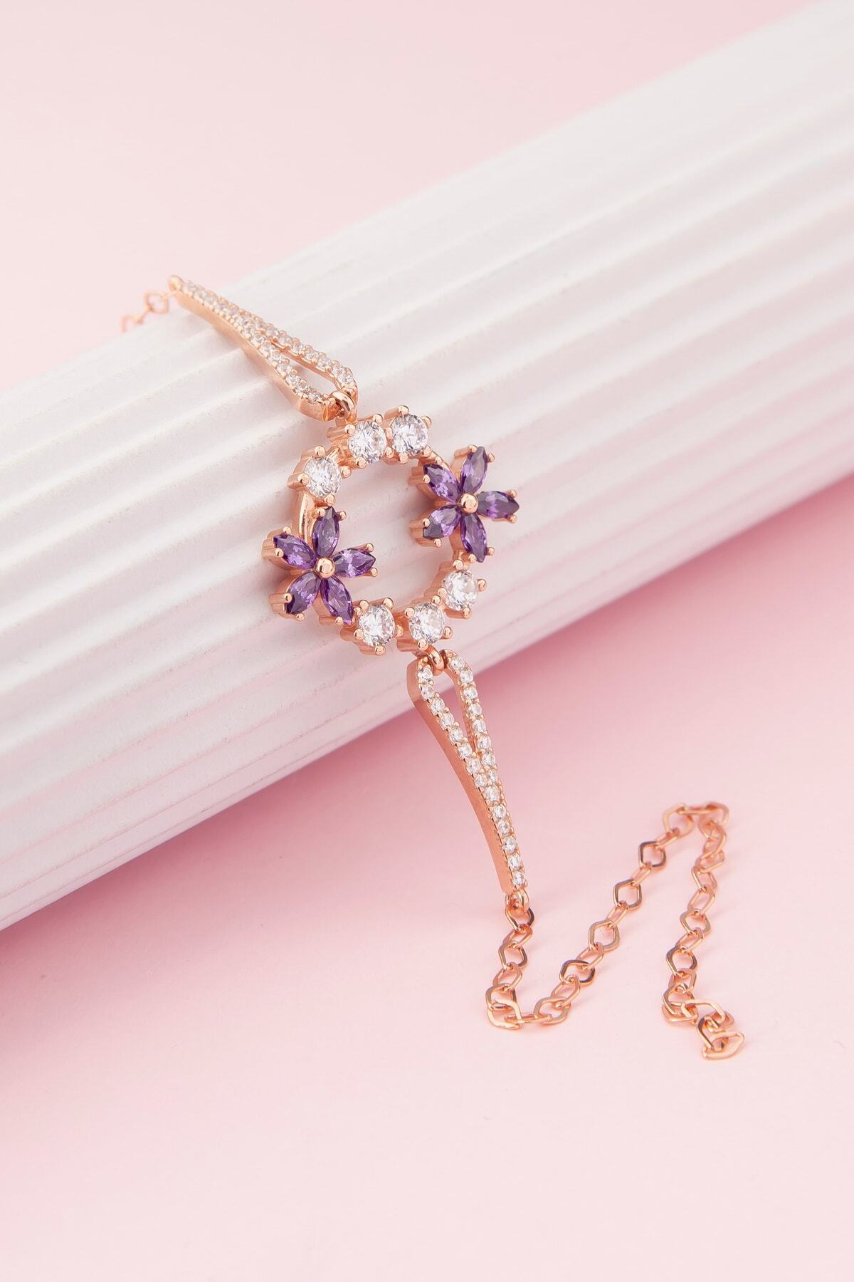 Ametist Taşlı Unutma Beni Çiçeği Rose Bileklik-925 Ayar Gümüş