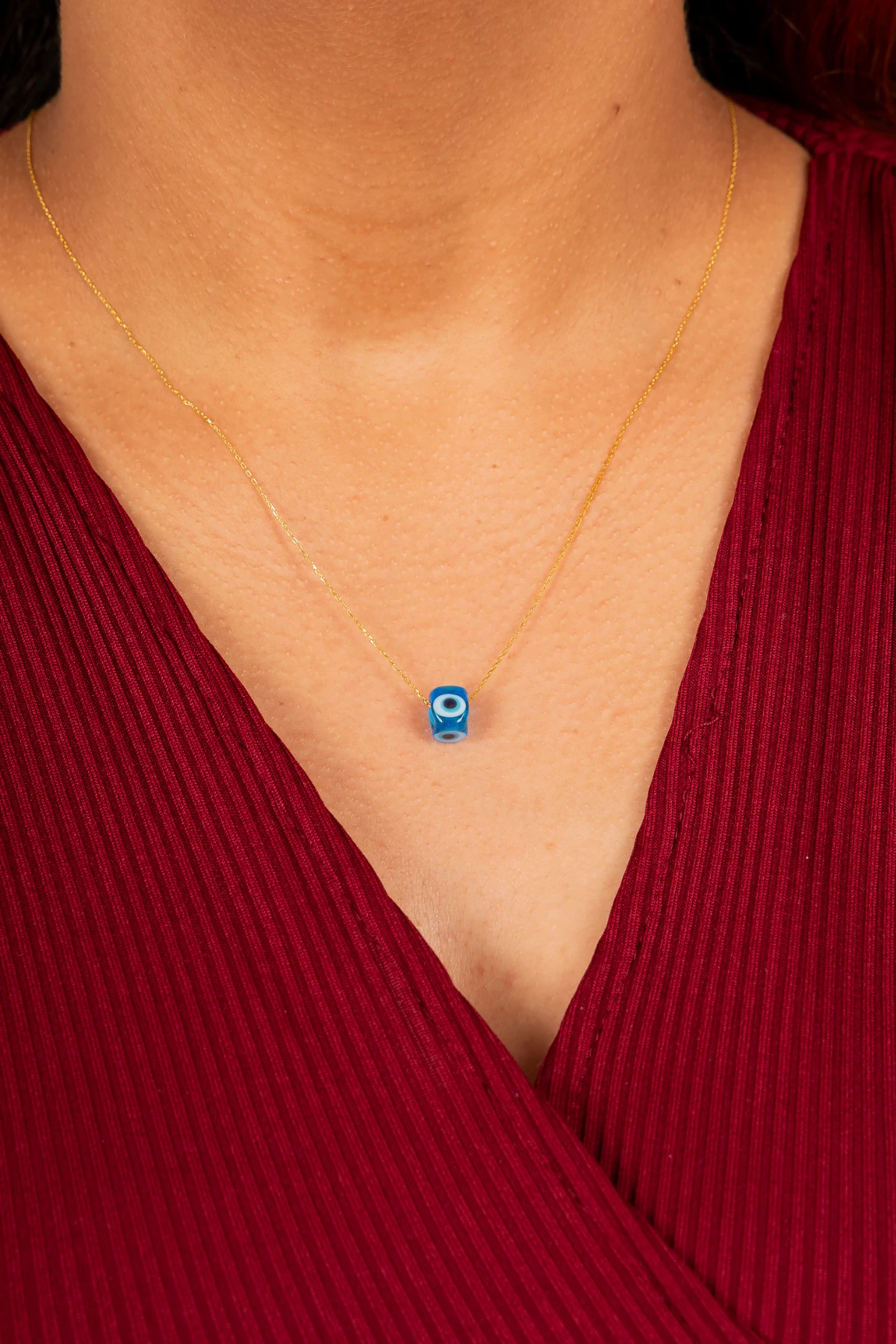 Gümüş El İşi Koyu Mavi Nazar Boncuklu Gold Kolye