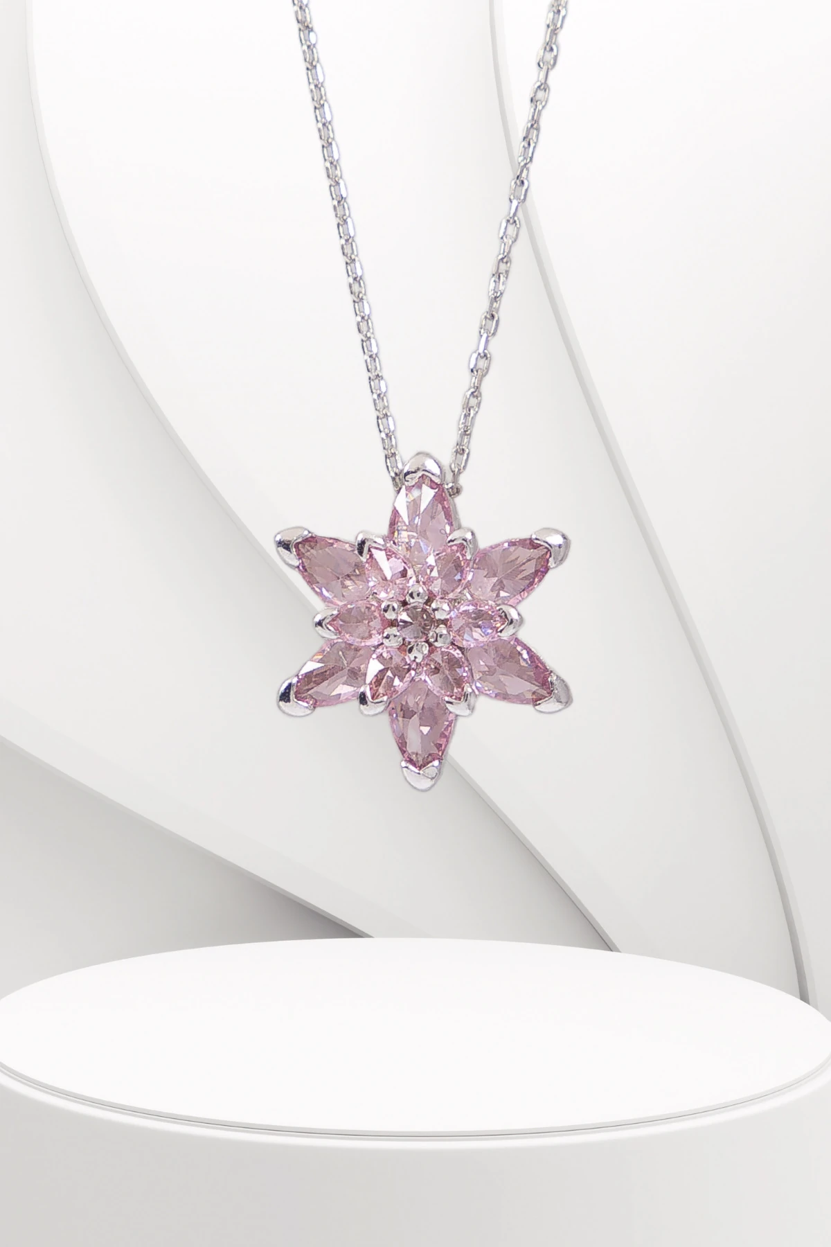 Gümüş Pembe Taşlı Minimal Rodaj Lotus Çiçeği Kolye