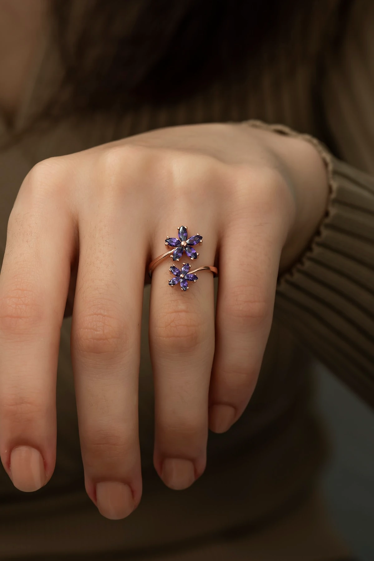 Ametist Taşlı Sevda Çiçeği Ayarlanabilir Yüzük-925 Ayar Gümüş