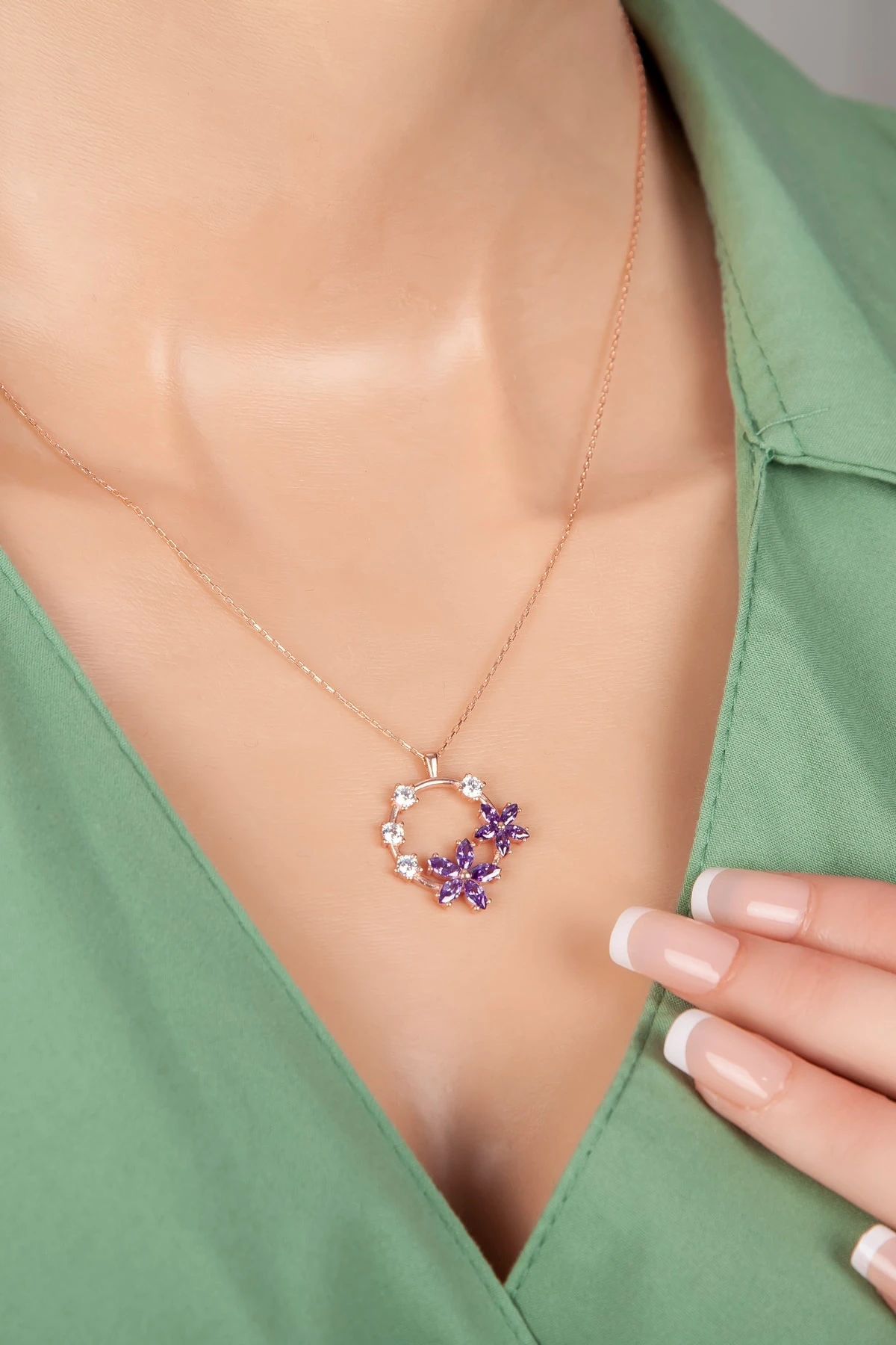 Ametist Taşlı Unutma Beni Çiçeği Kolye-925 Ayar Gümüş