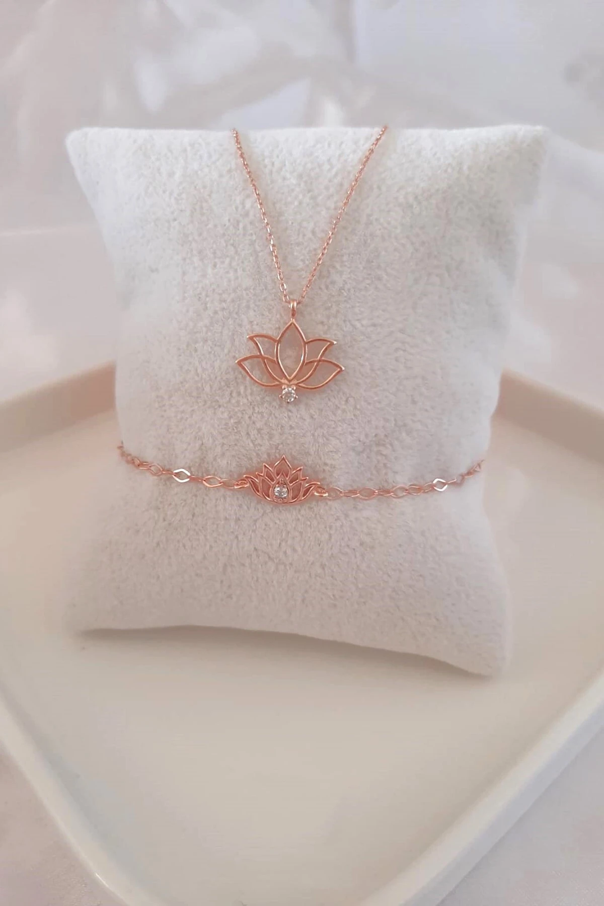 Gümüş Rose Lotus Çiçeği Set | Kolye Bileklik | Özel Gün Hediyesi