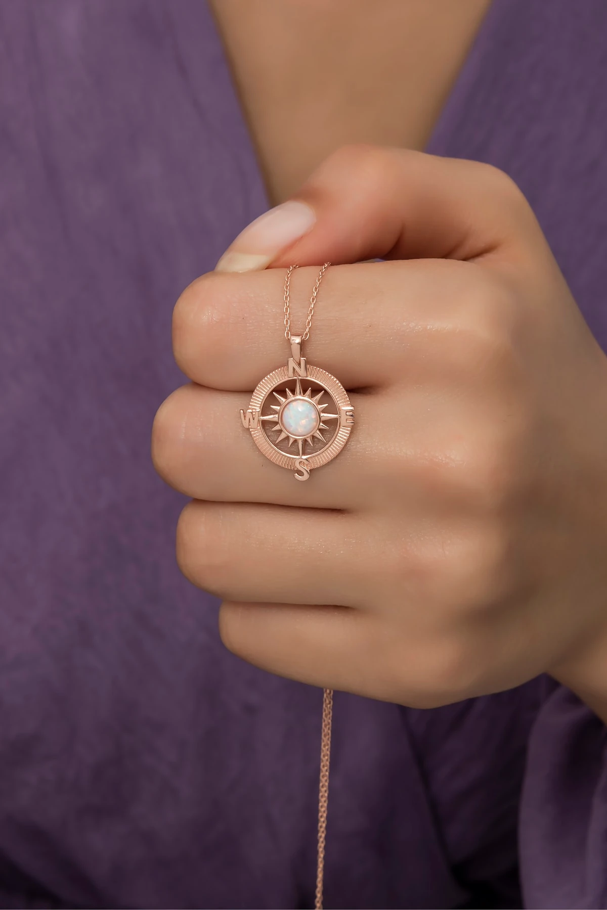 Opal Beyaz Taşlı Pusula Kolye-925 Ayar Gümüş