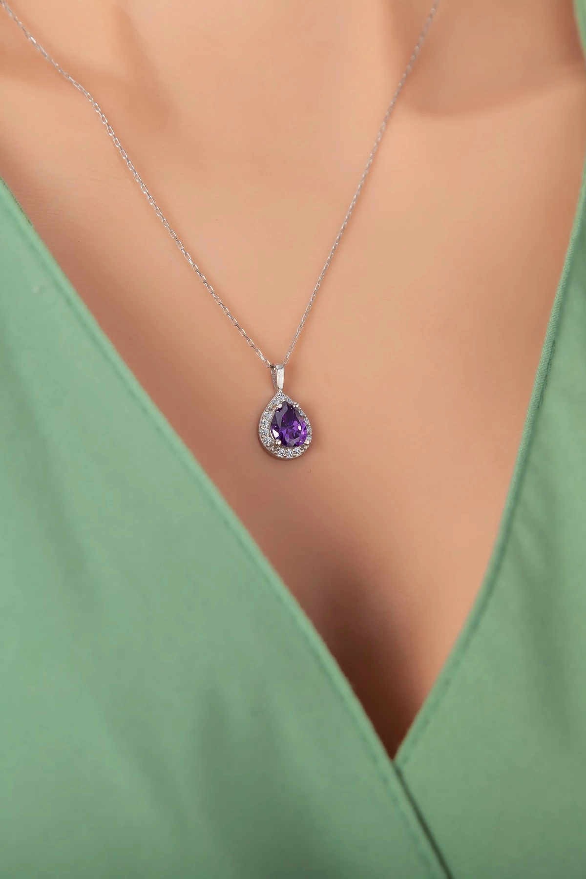 Ametist Damla Taşlı Rodaj Kolye-925 Ayar Gümüş