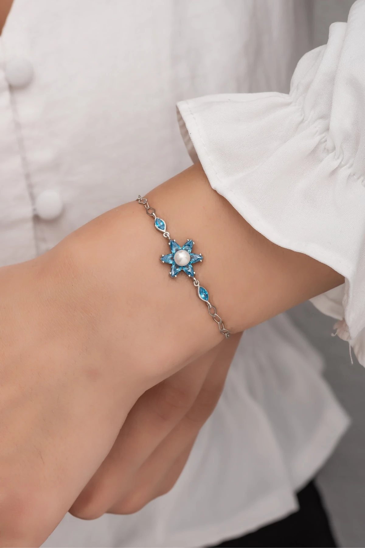 Incili Lotus Akuamarin Taşlı Rodaj Bileklik-925 Ayar Gümüş
