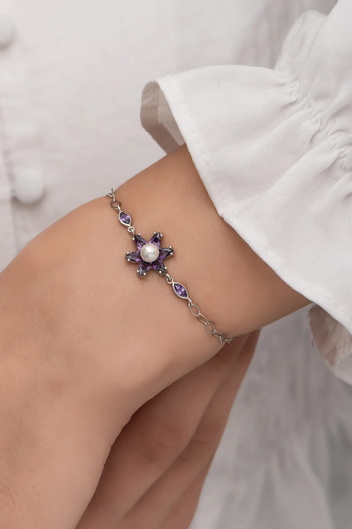 Incili Lotus Ametist Taşlı Rodaj Bileklik-925 Ayar Gümüş