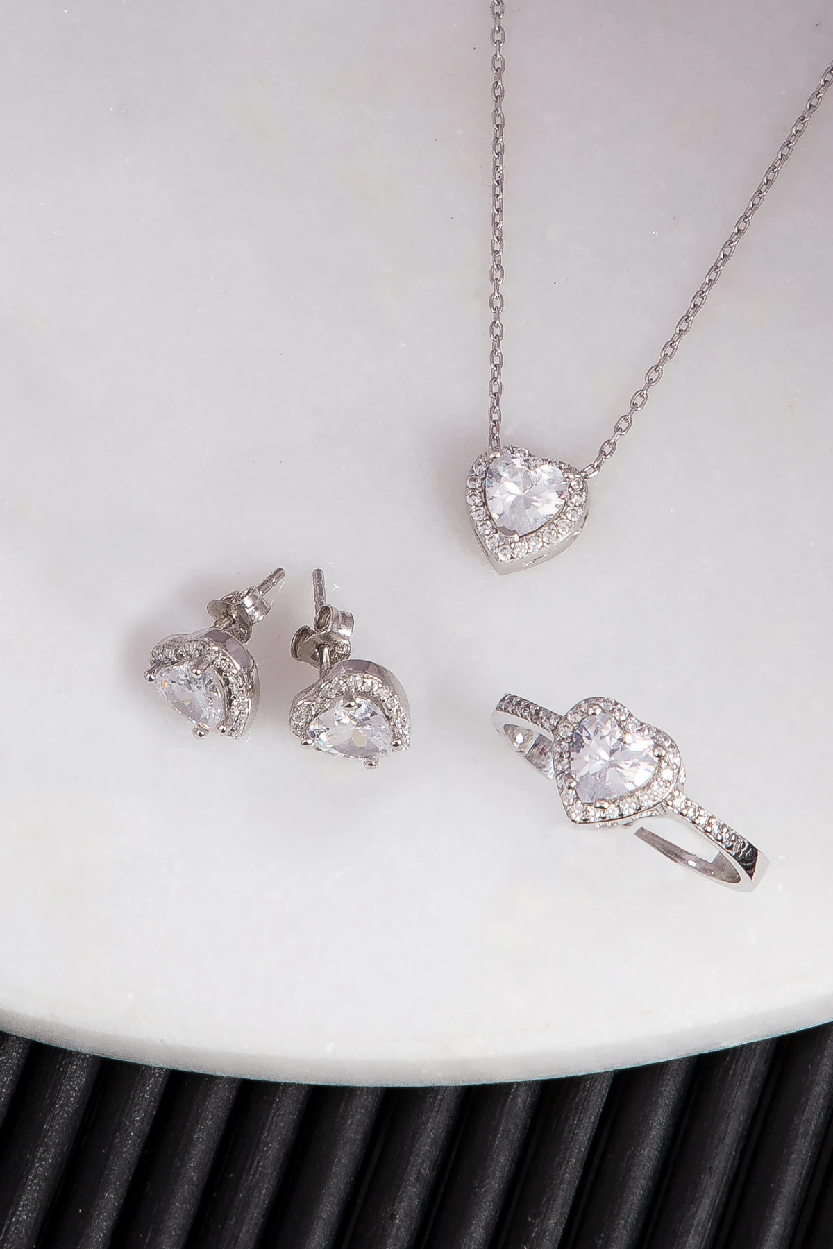 Gümüş Kalp Model Beyaz Taşlı Rodaj 3'lü Set