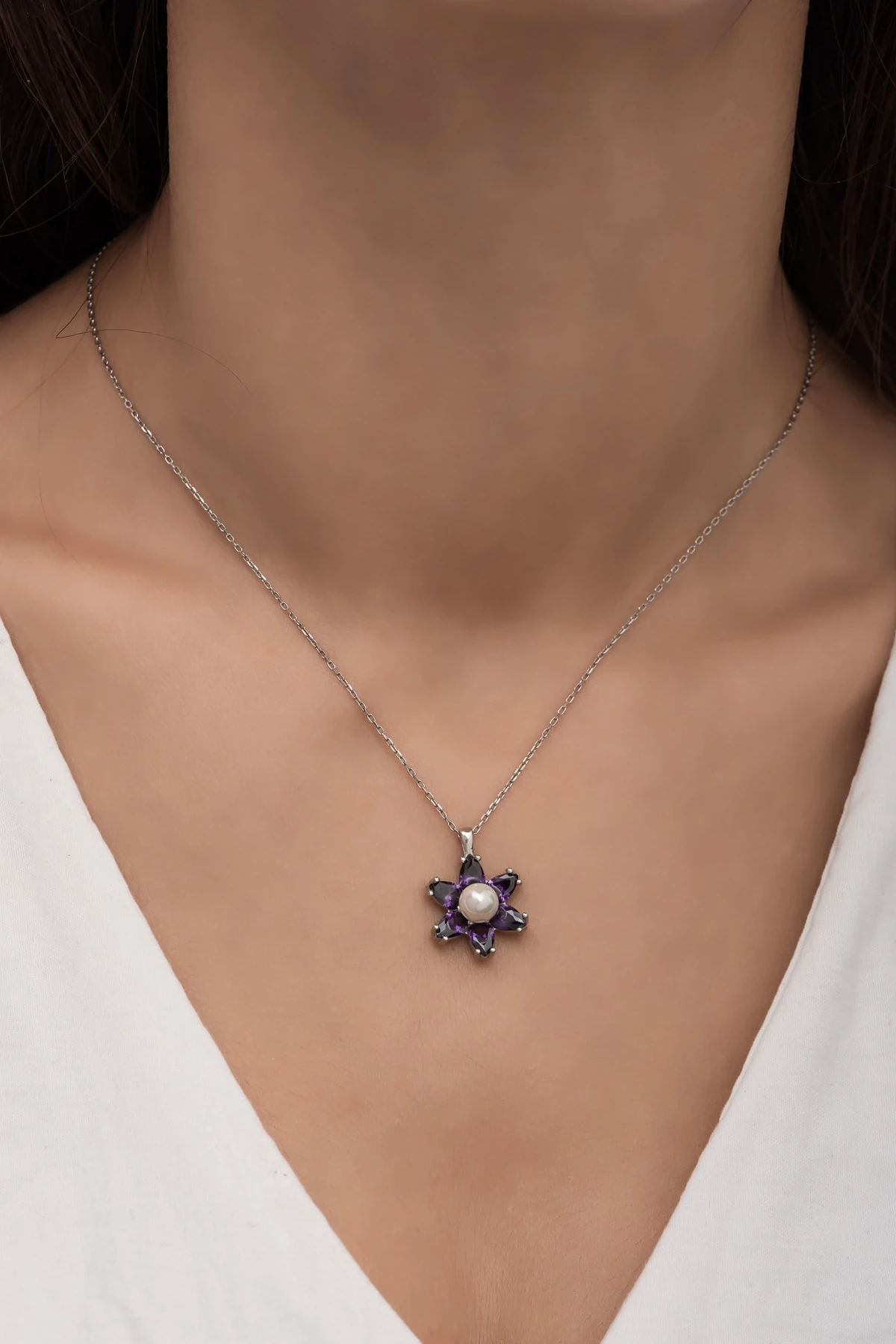 Incili Lotus Ametist Taşlı Rodaj Kolye