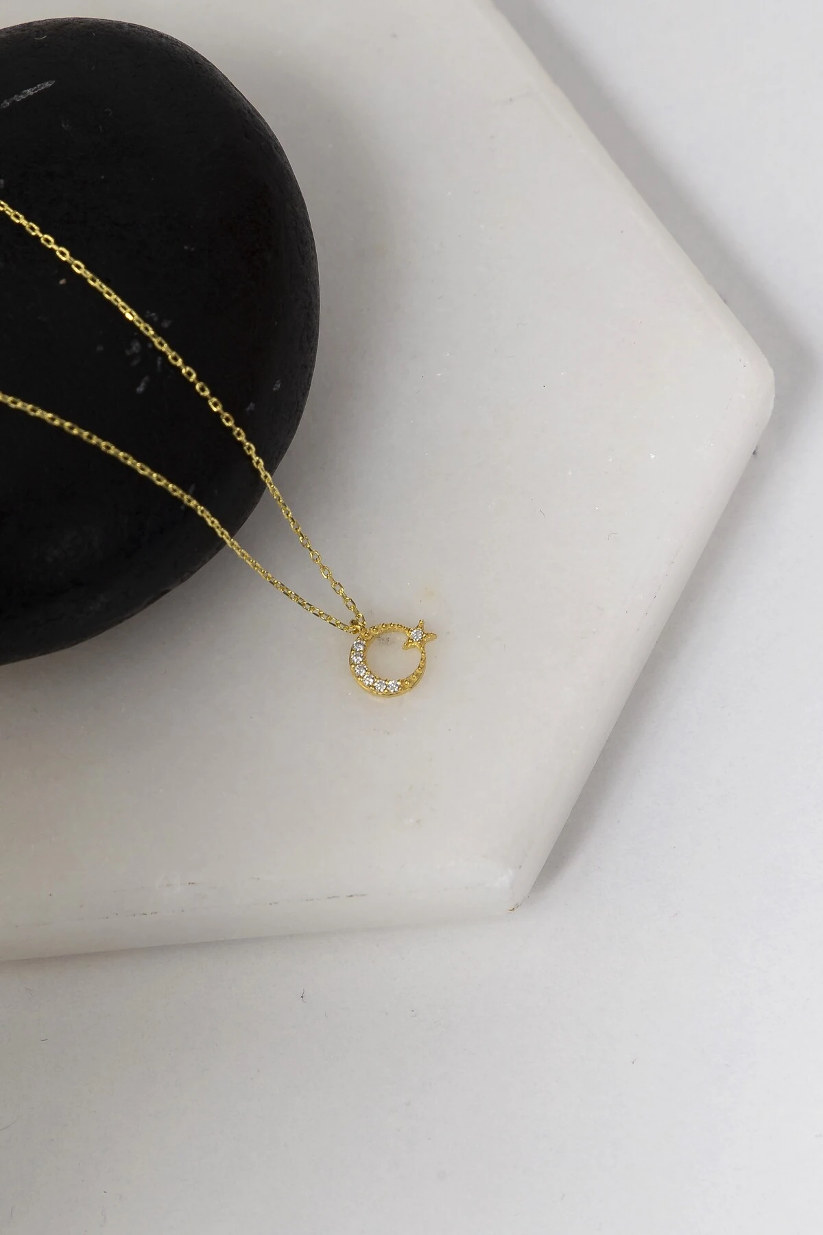 Gümüş Zirkon Taşlı Minimal Ay Yıldız Gold Kolye