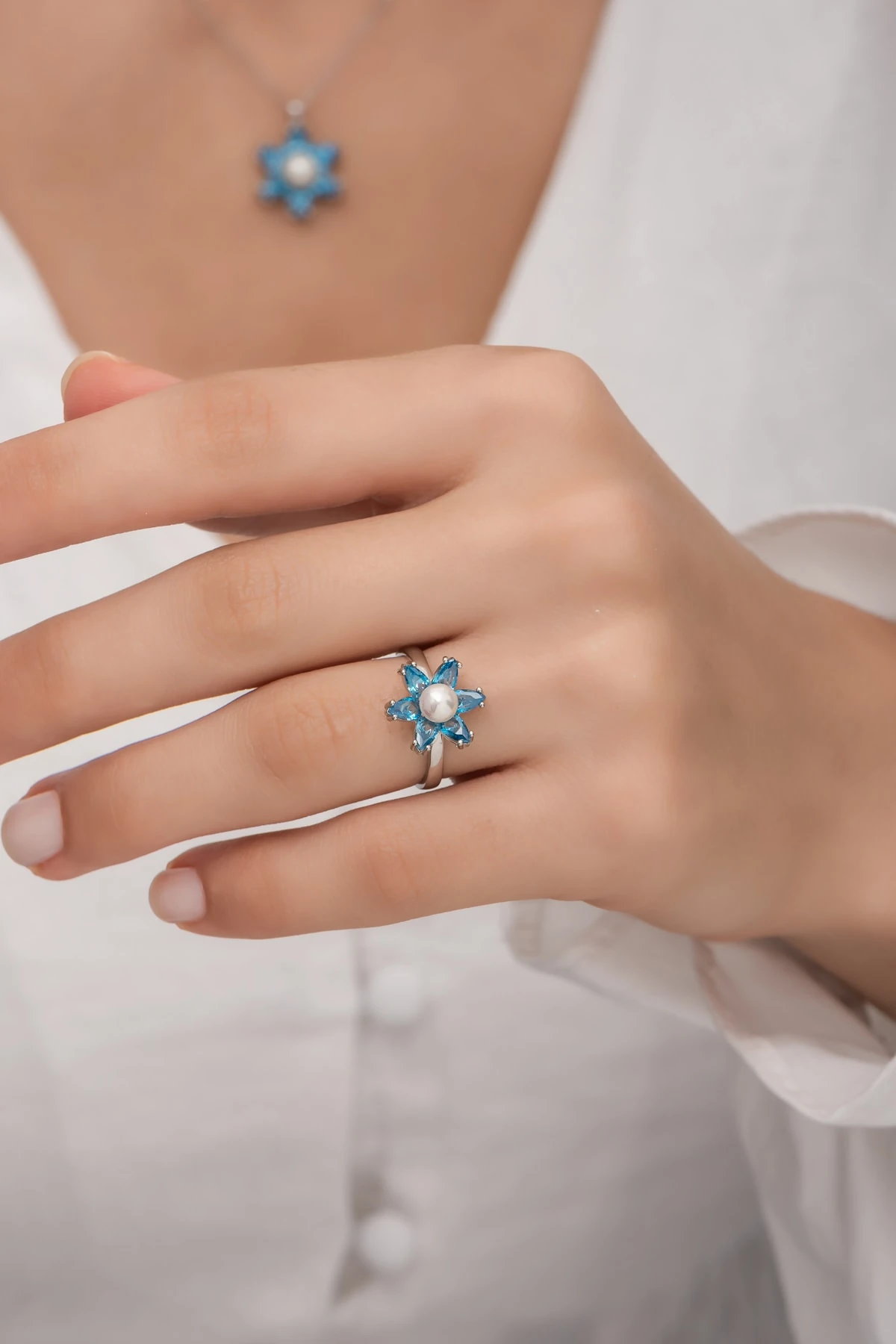 Incili Lotus Akuamarin Taşlı Rodaj Yüzük-925 Ayar Gümüş