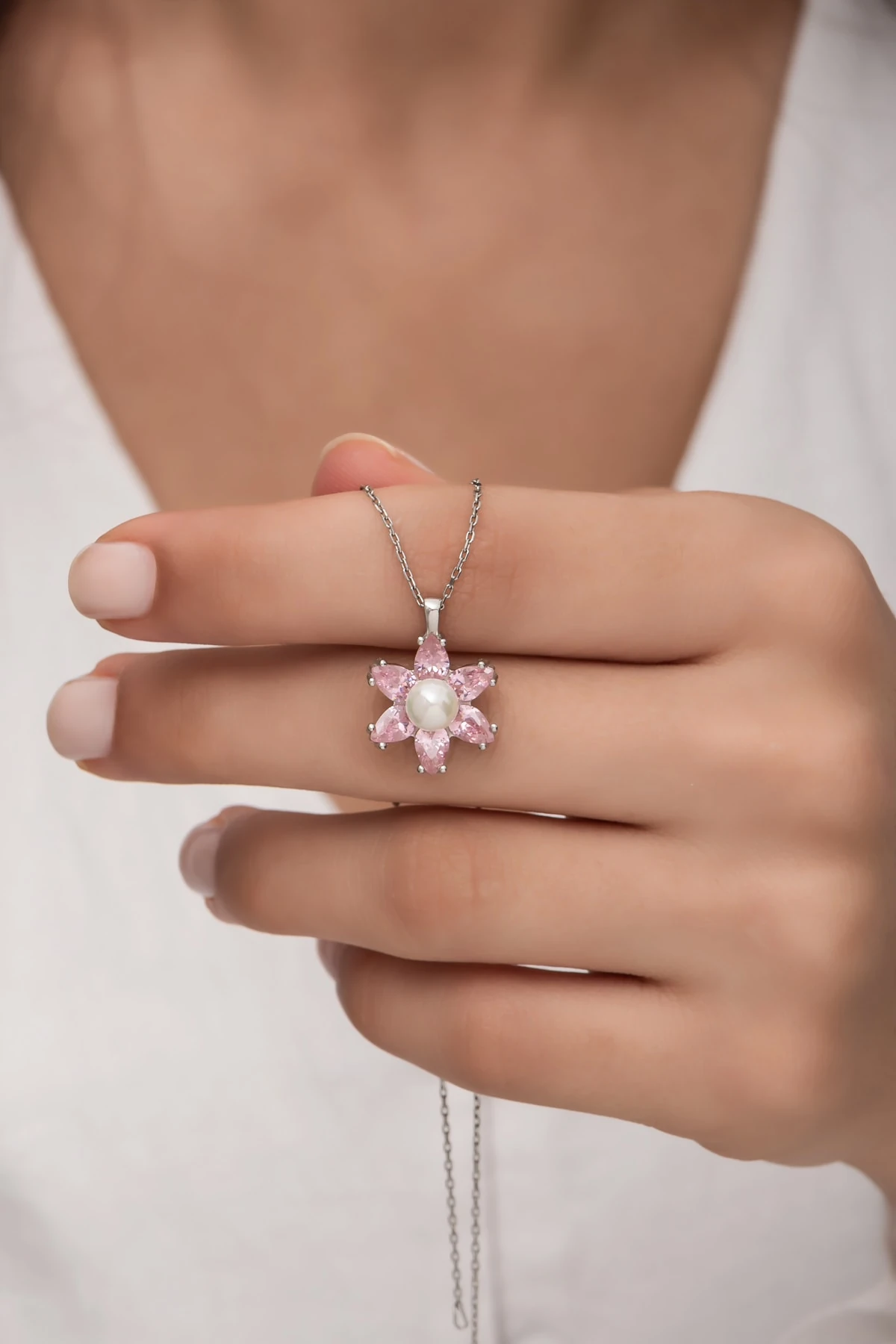 Incili Lotus Pembe Taşlı Rodaj Kolye-925 Ayar Gümüş