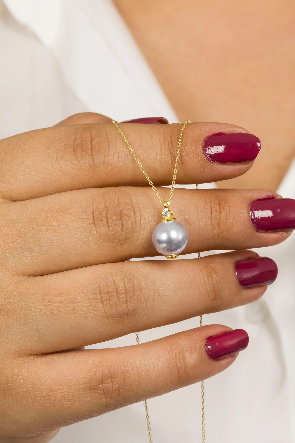 925 Ayar Gümüş Buz Mavi İnci Taşlı Gold Kaplamalı Kadın Kolye 10mm - Zarif Tasarım