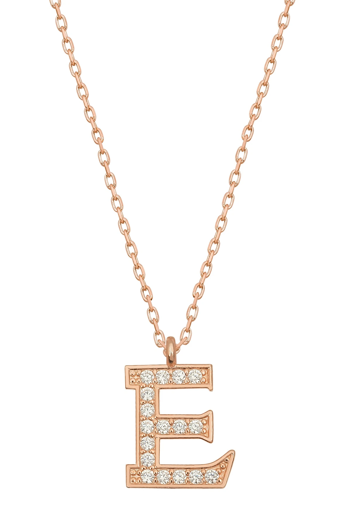 Gümüş Zirkon Taşlı E Harfi Kolye