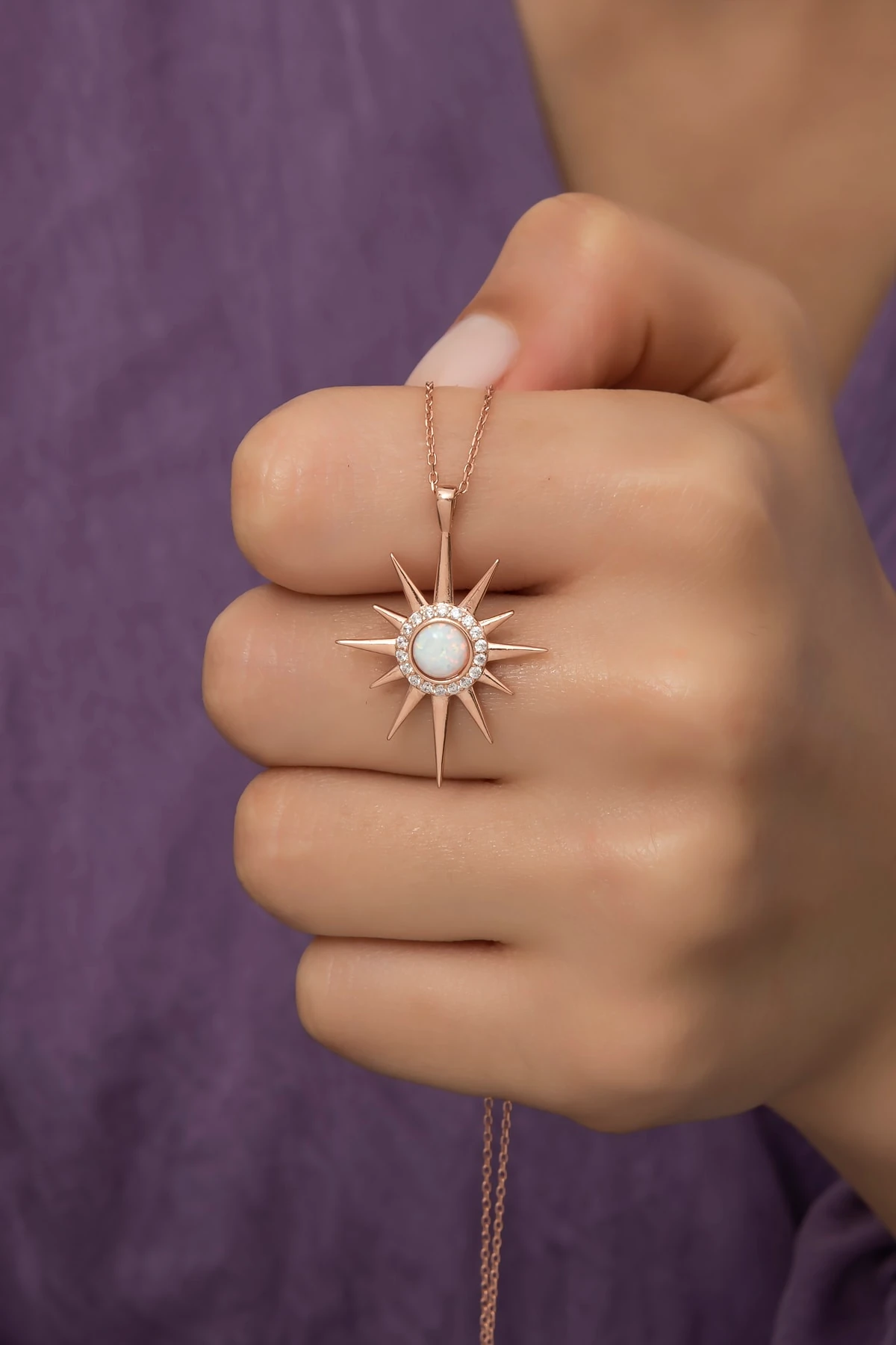 Opal Beyaz Taşlı Kutup Yıldızı Kolye-925 Ayar Gümüş