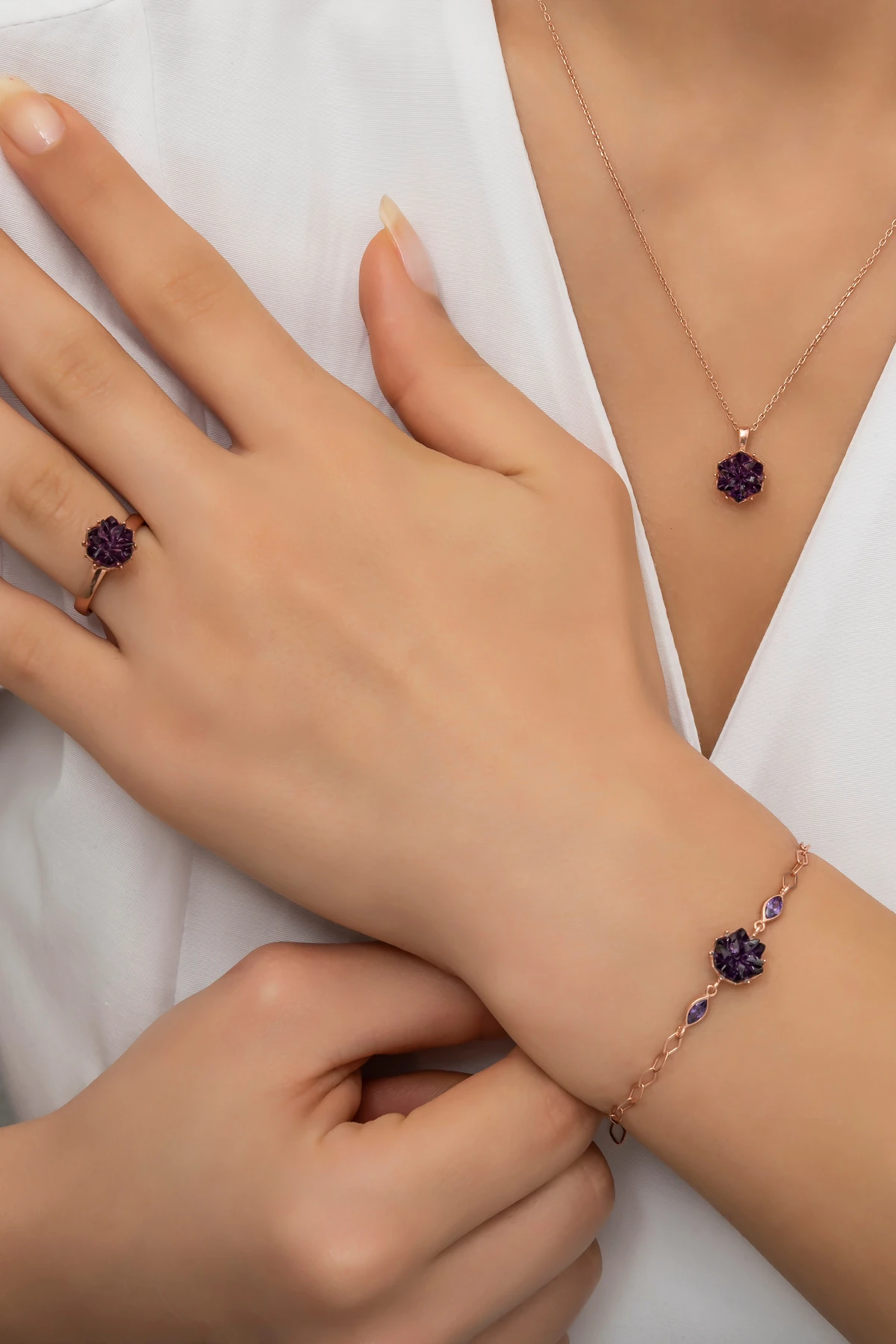 Gümüş Lotus Çiçeği Ametist Rose 3'lü Set