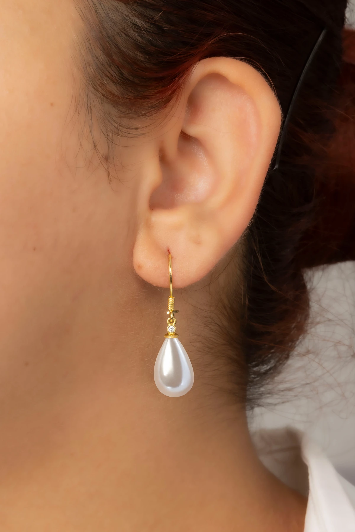 Gümüş Damla Model Kadın İnci Gold Anne Küpe 8x12 mm