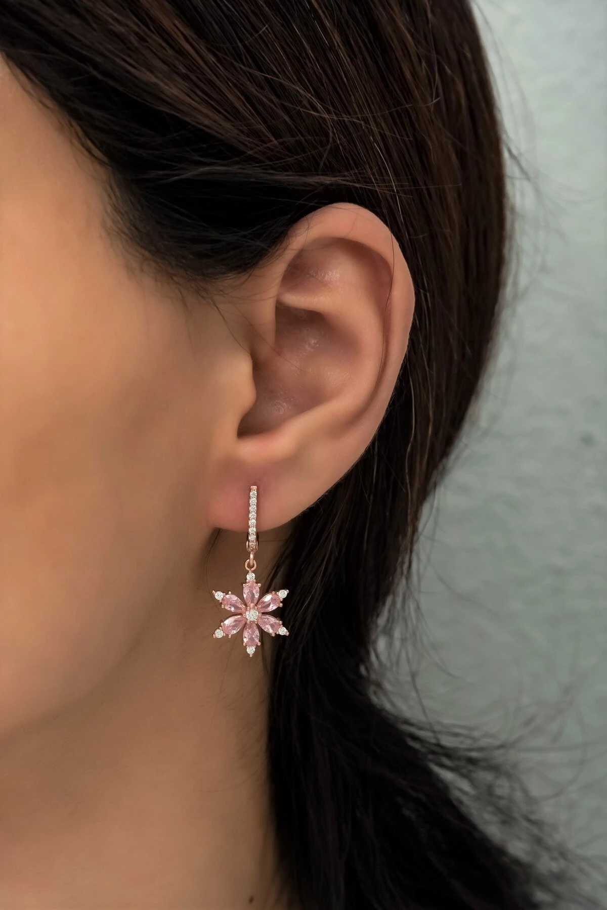 Pembe Taşlı Yıldız Çiçeği Küpe-925 Ayar Gümüş