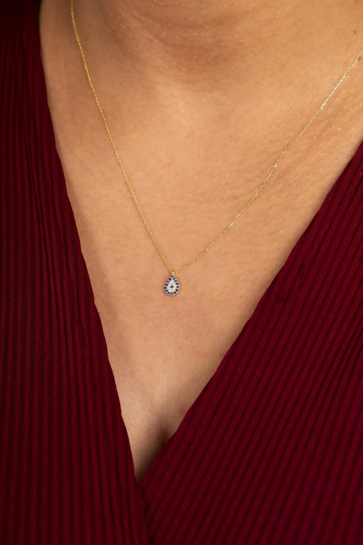 Gümüş Zirkon Taşlı Minimal Damla Nazarlı Gold Kolye