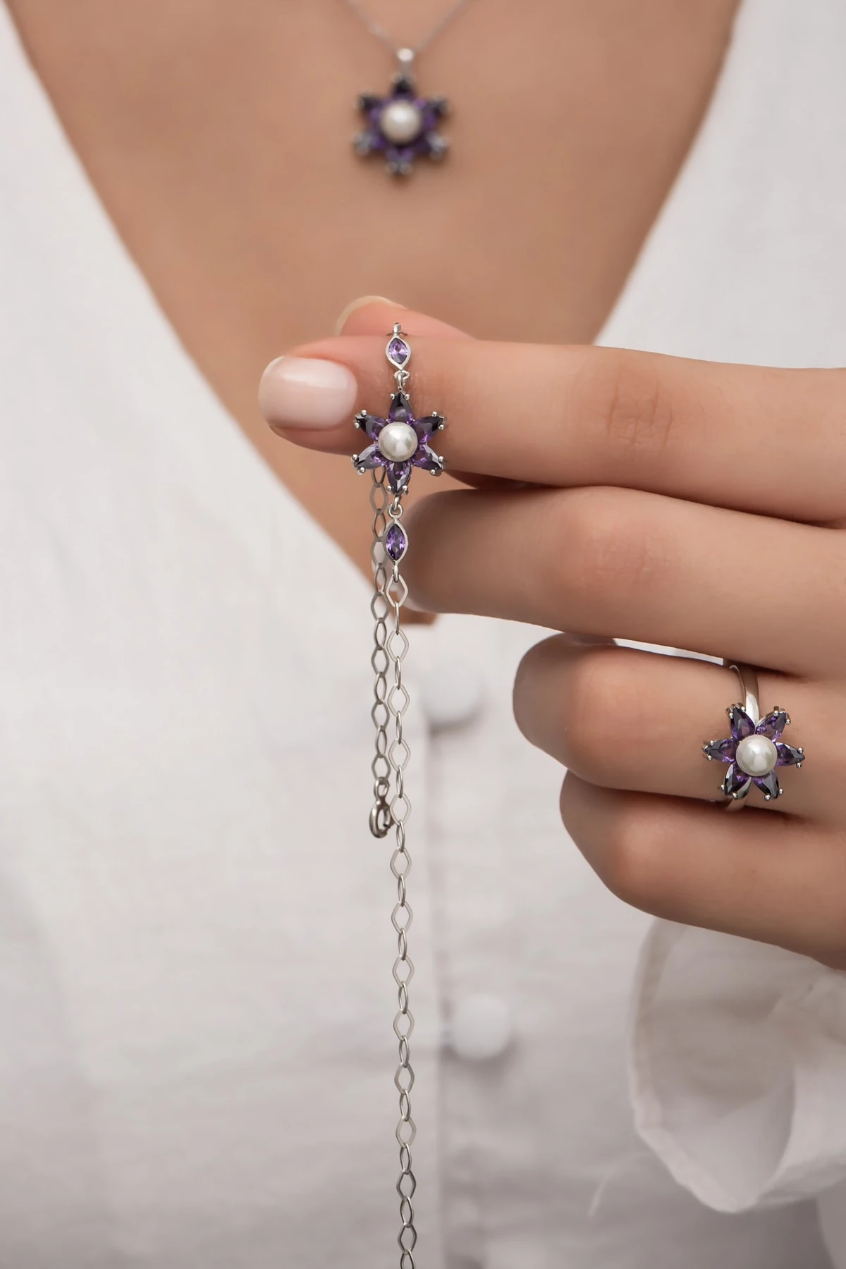 Incili Lotus Ametist Taşlı Rodaj Bileklik-925 Ayar Gümüş