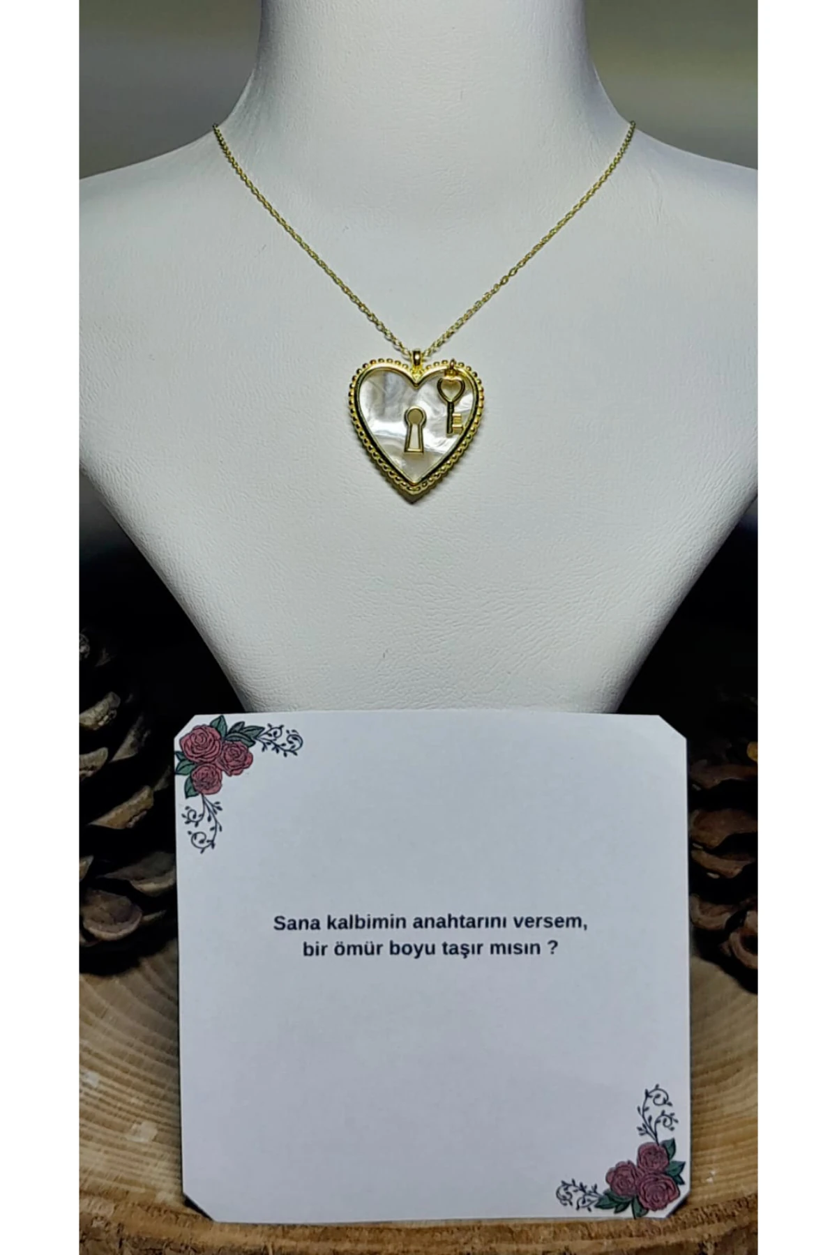 Gümüş Sedef Taşlı Gold Kalp Kolye Ve Anahtarı | Hediyelik Ve Notlu Ürün