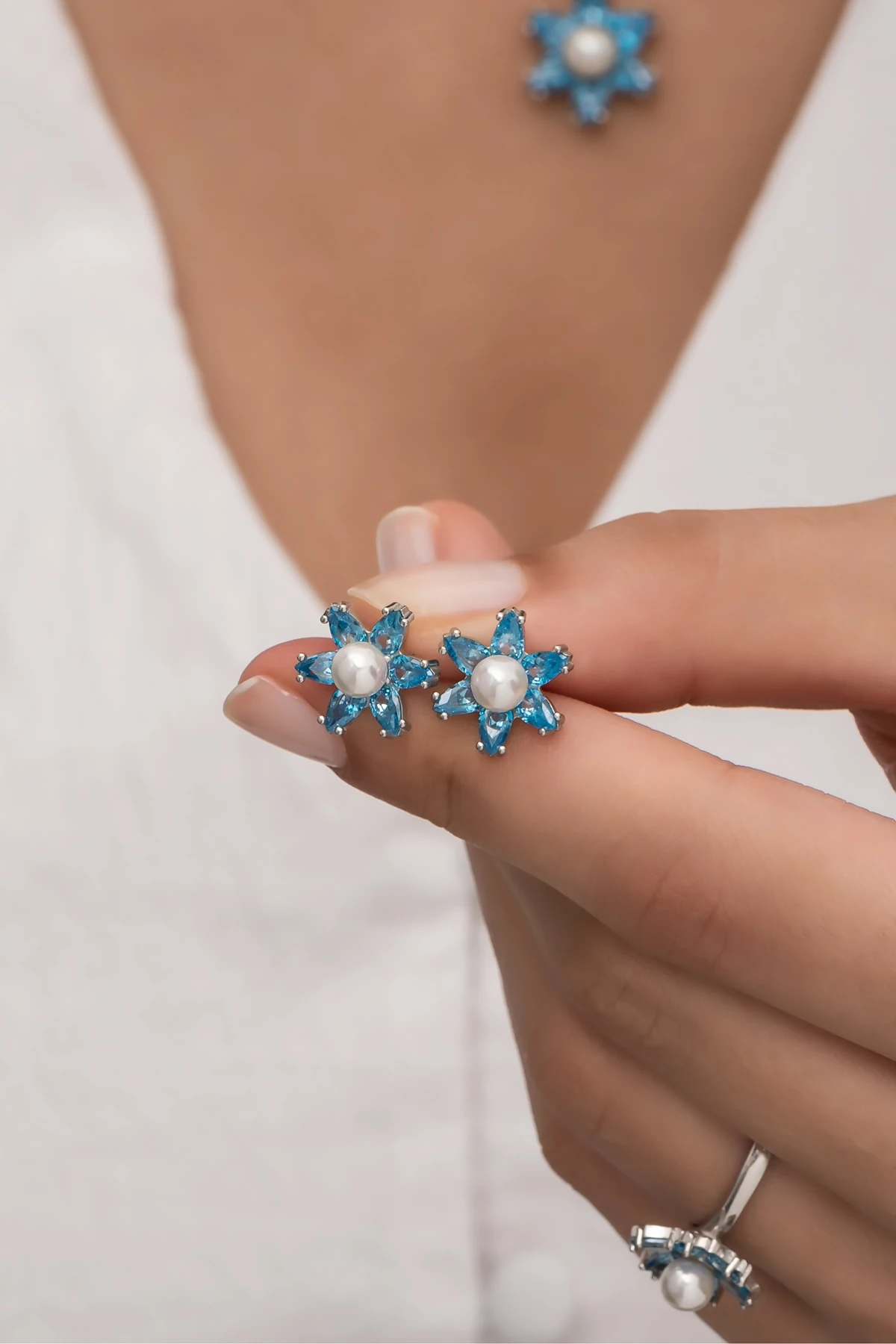 Incili Lotus Akuamarin Taşlı Rodaj Küpe-925 Ayar Gümüş