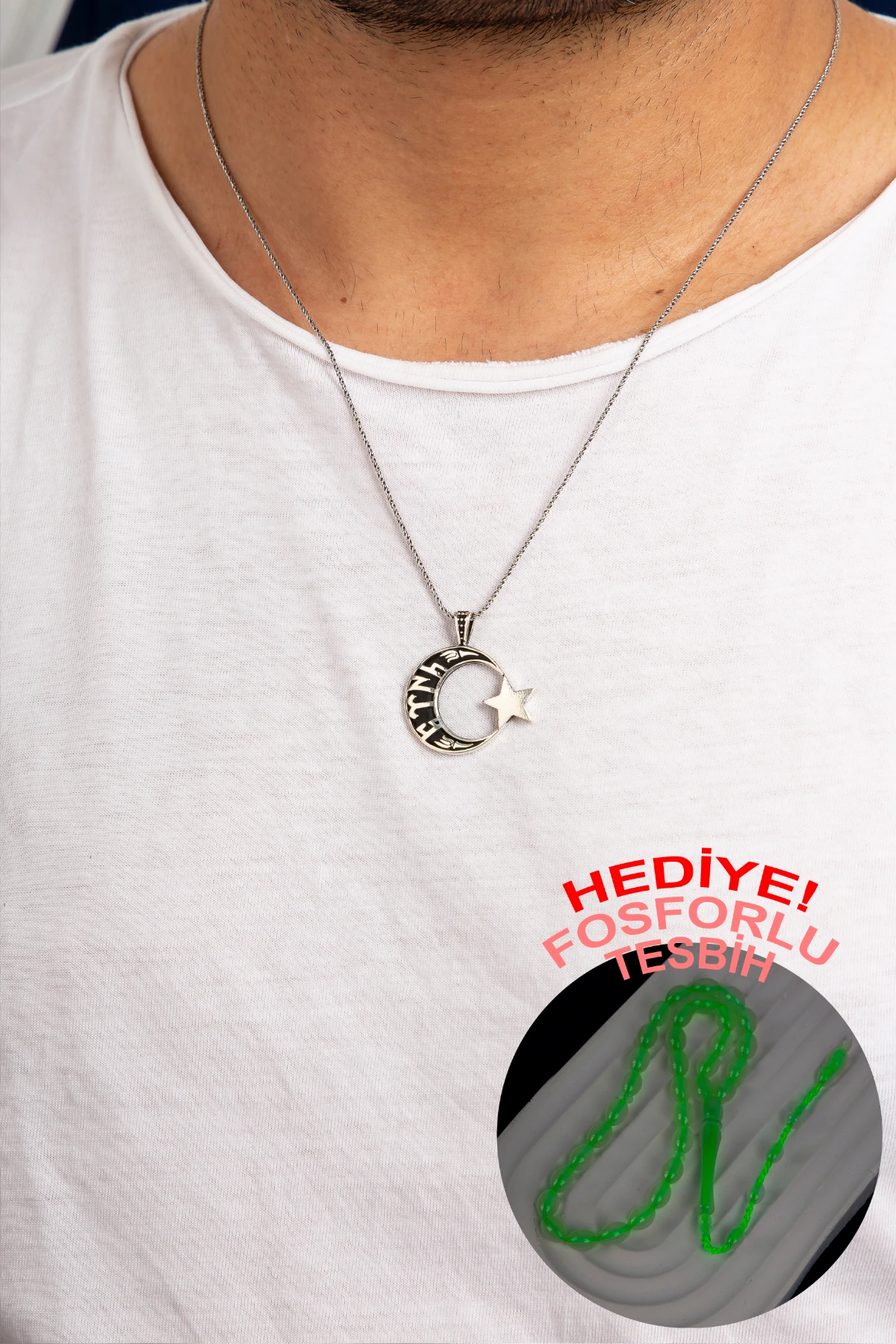 GÜMÜŞ TÜRK YAZILI AY YILDIZ ERKEK KOLYE