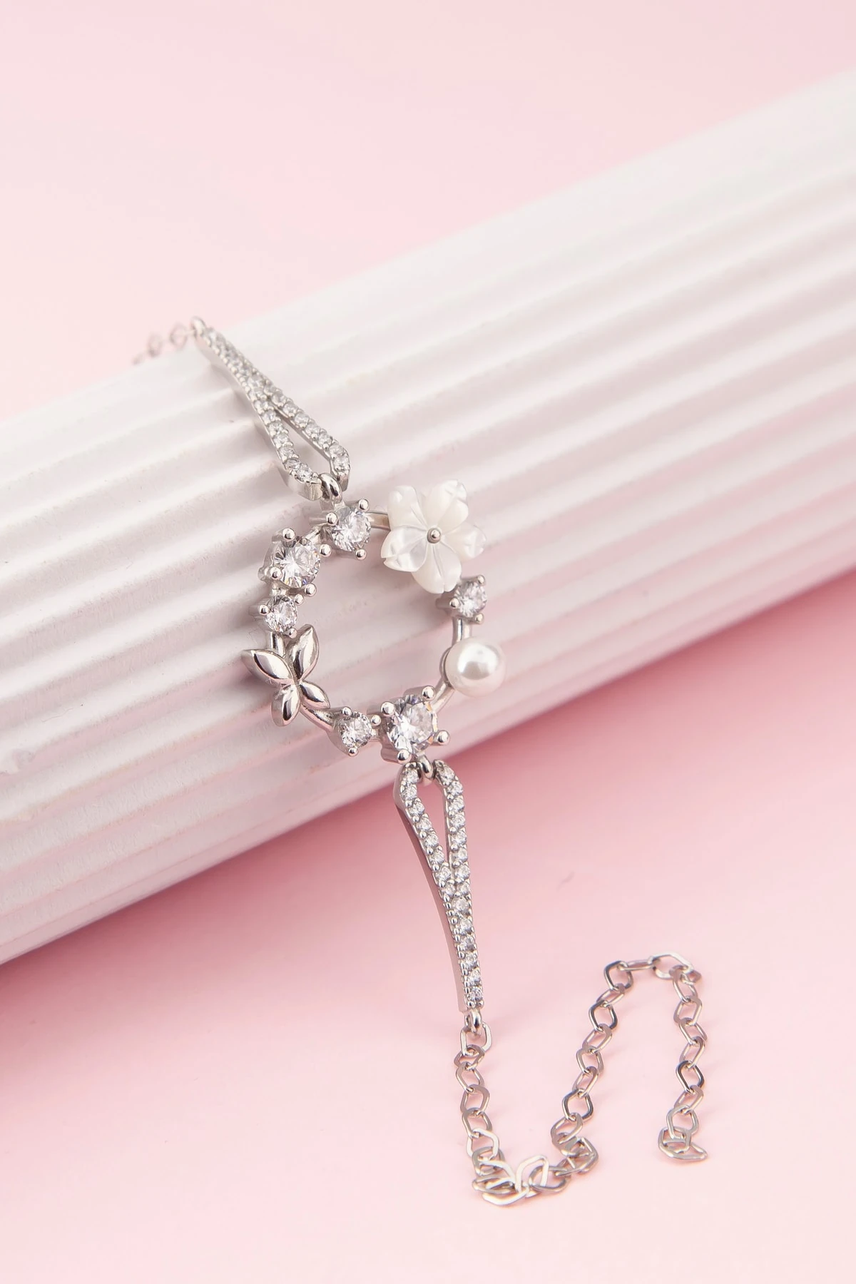 Sedefli Ve Incili Manolya Çiçeği Rodaj Bileklik-925 Ayar Gümüş