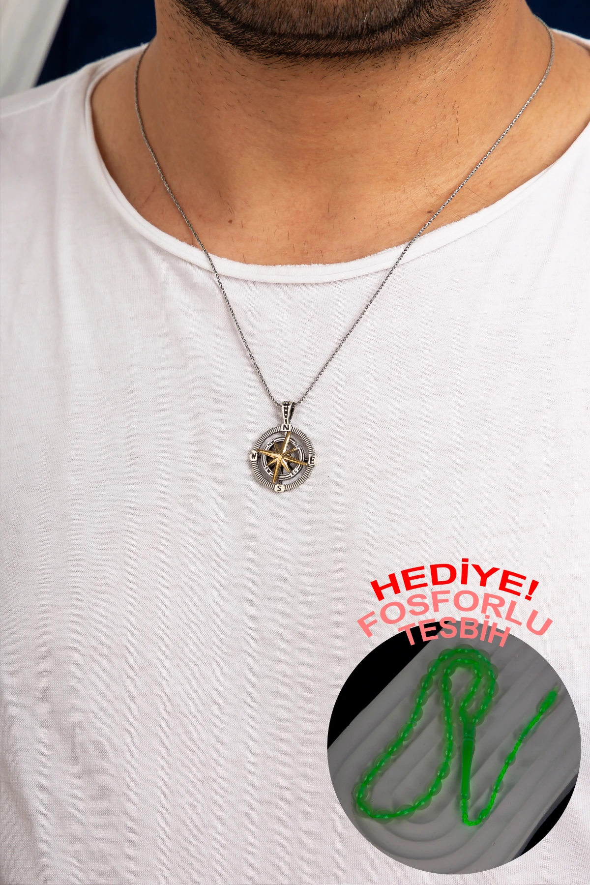 GÜMÜŞ DÖNEN PUSULA FİGÜRLÜ ERKEK KOLYE