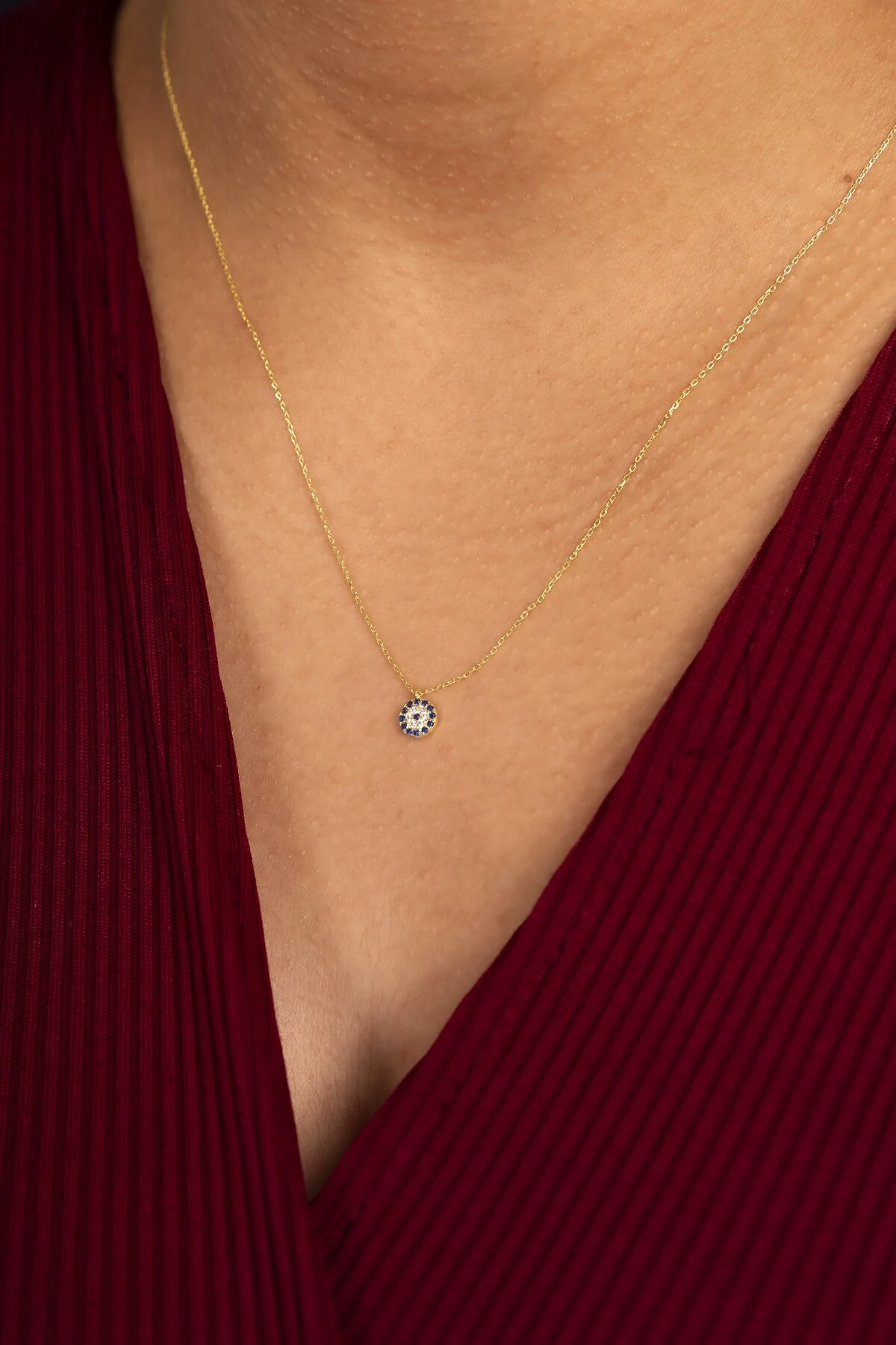 Gümüş Zirkon Taşlı Minimal Nazar Boncuğu Gold Kolye