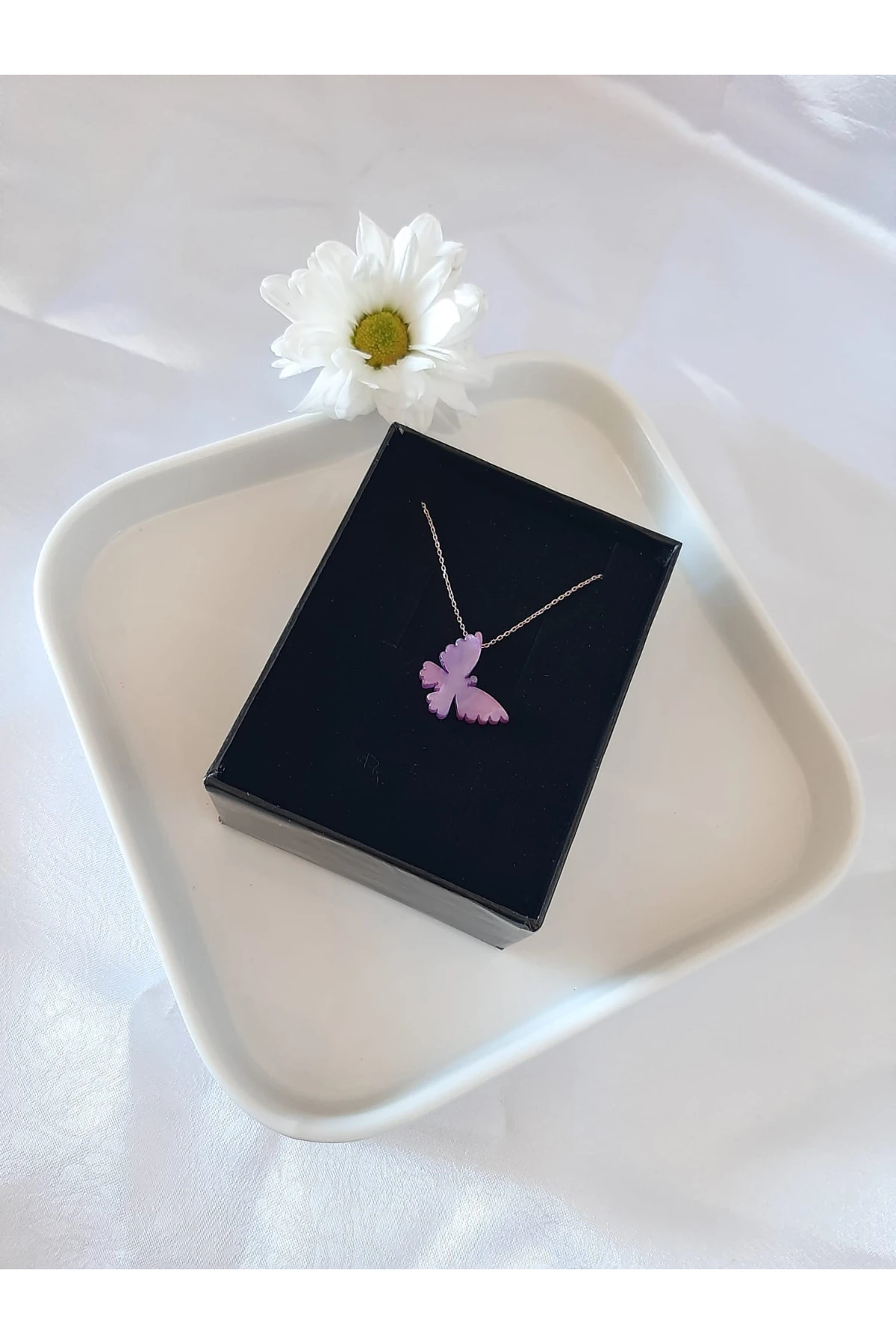 Gümüş Ametist Rose Kelebek Kolye