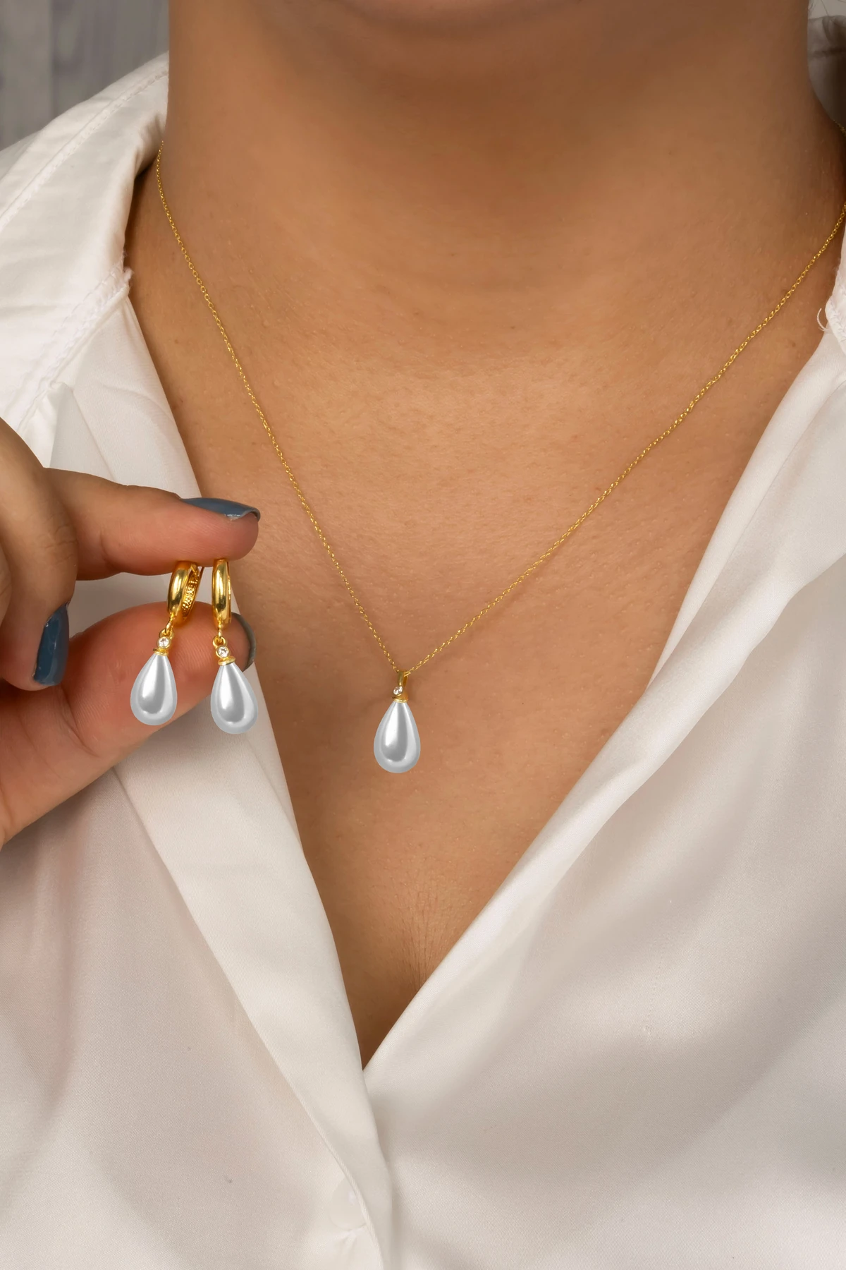 Gümüş Kadın Gold 2'li Set İnci Kolye Ve Halka Küpe 8x12 mm