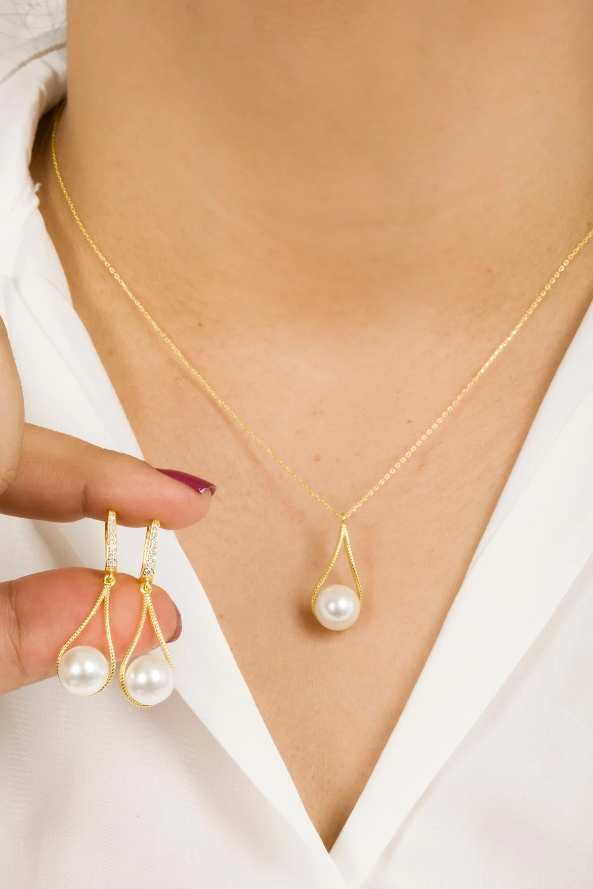 Kadın İnci Takı Seti Gold Kaplamalı 10mm - Gümüş Hediyelik Takım