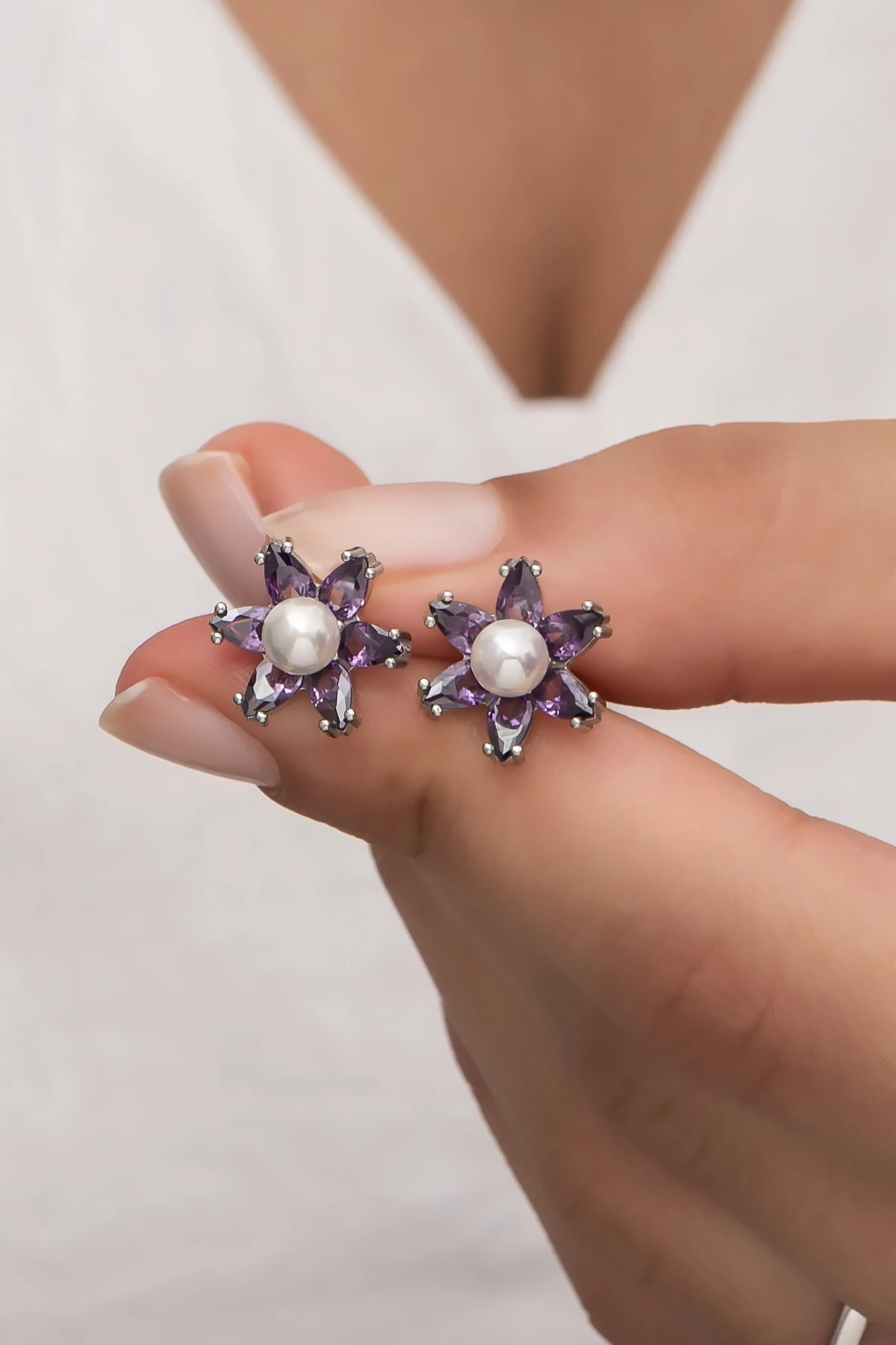 Incili Lotus Ametist Taşlı Rodaj Küpe-925 Ayar Gümüş