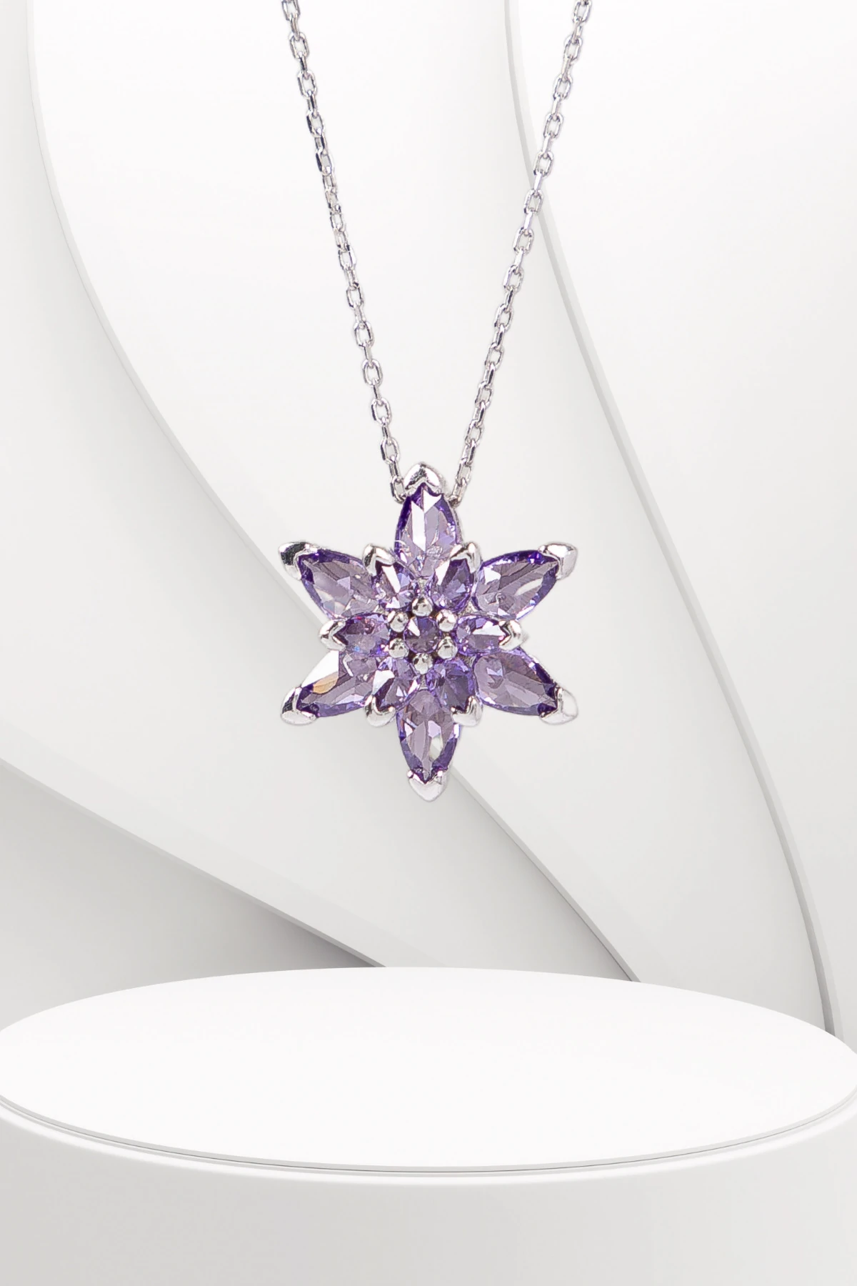 Gümüş Ametist Taşlı Minimal Rodaj Lotus Çiçeği Kolye