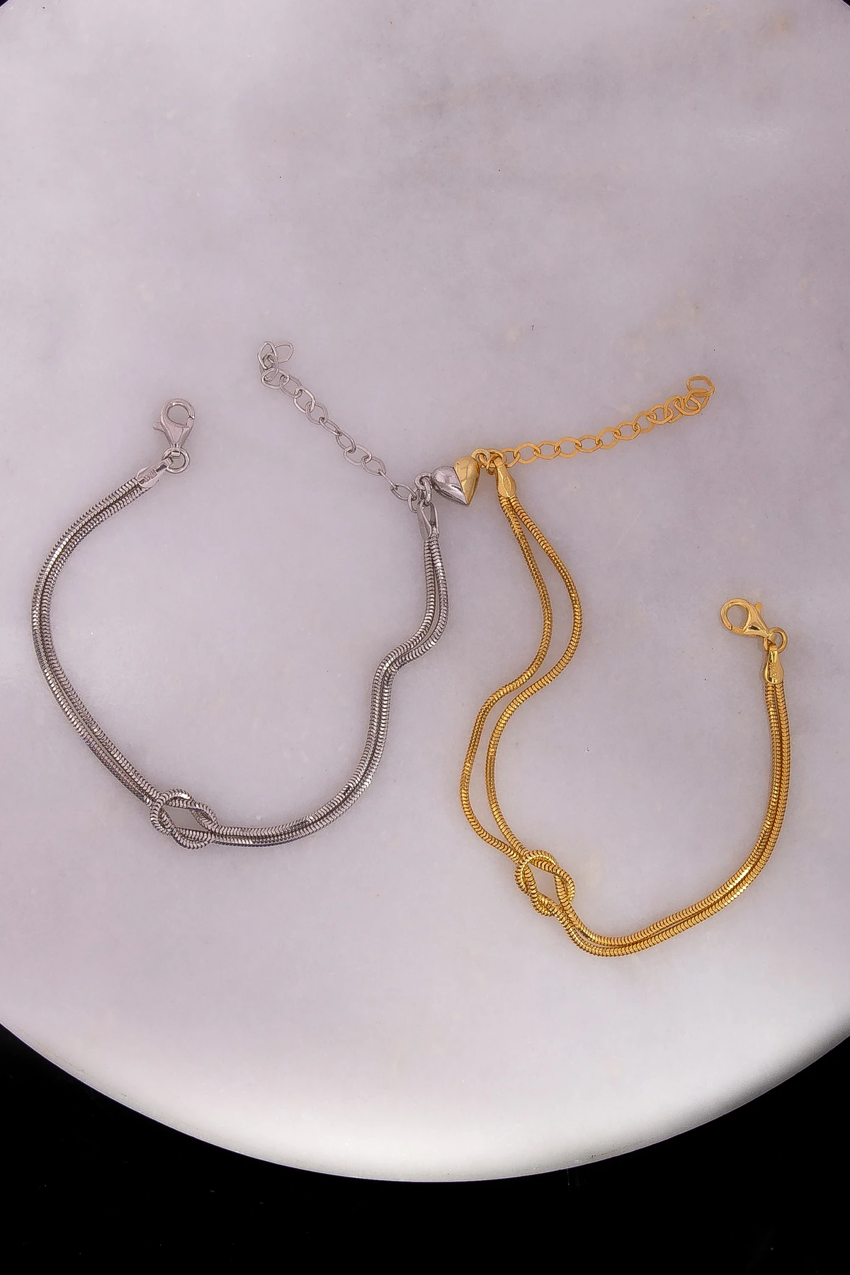 GÜMÜŞ KADER DÜĞÜMÜ KALP MIKNATISLI RODAJ/GOLD ÇİFT BİLEKLİK