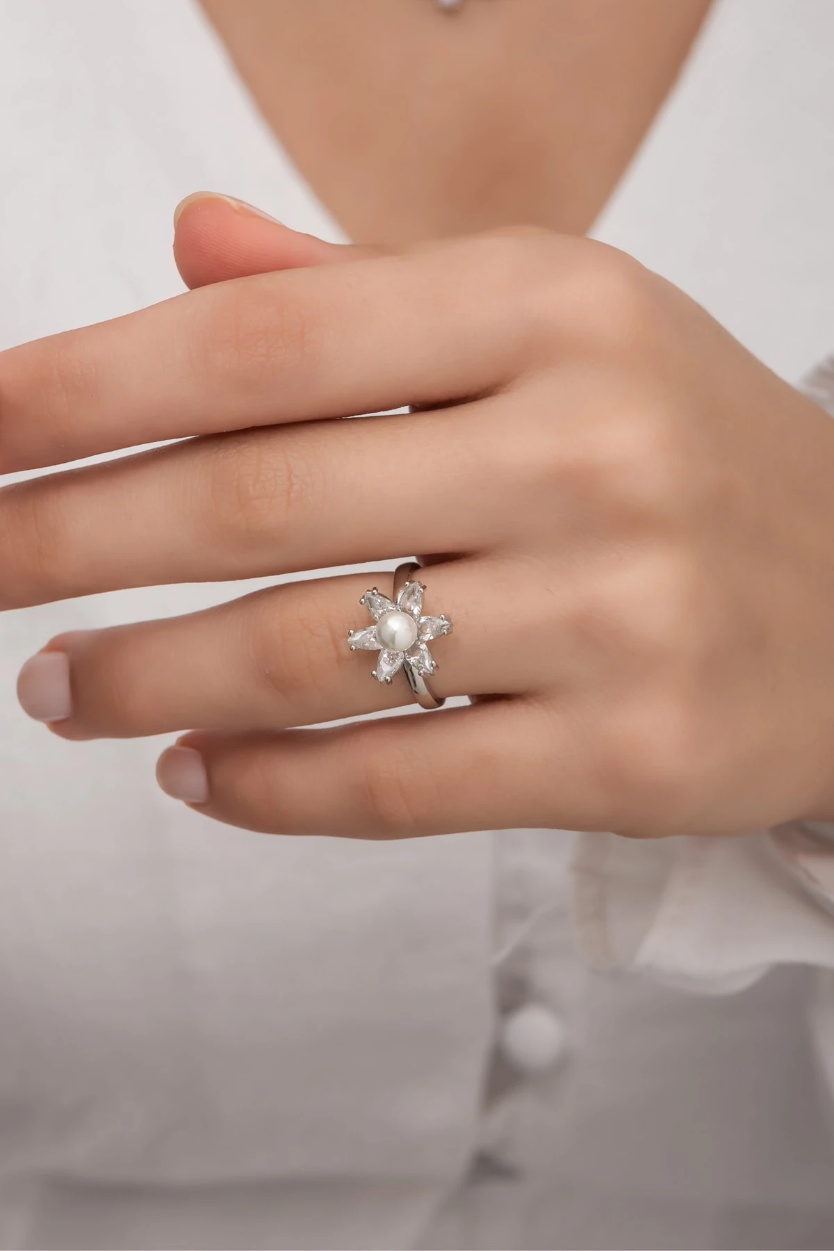 Incili Lotus Beyaz Taşlı Rodaj Yüzük-925 Ayar Gümüş