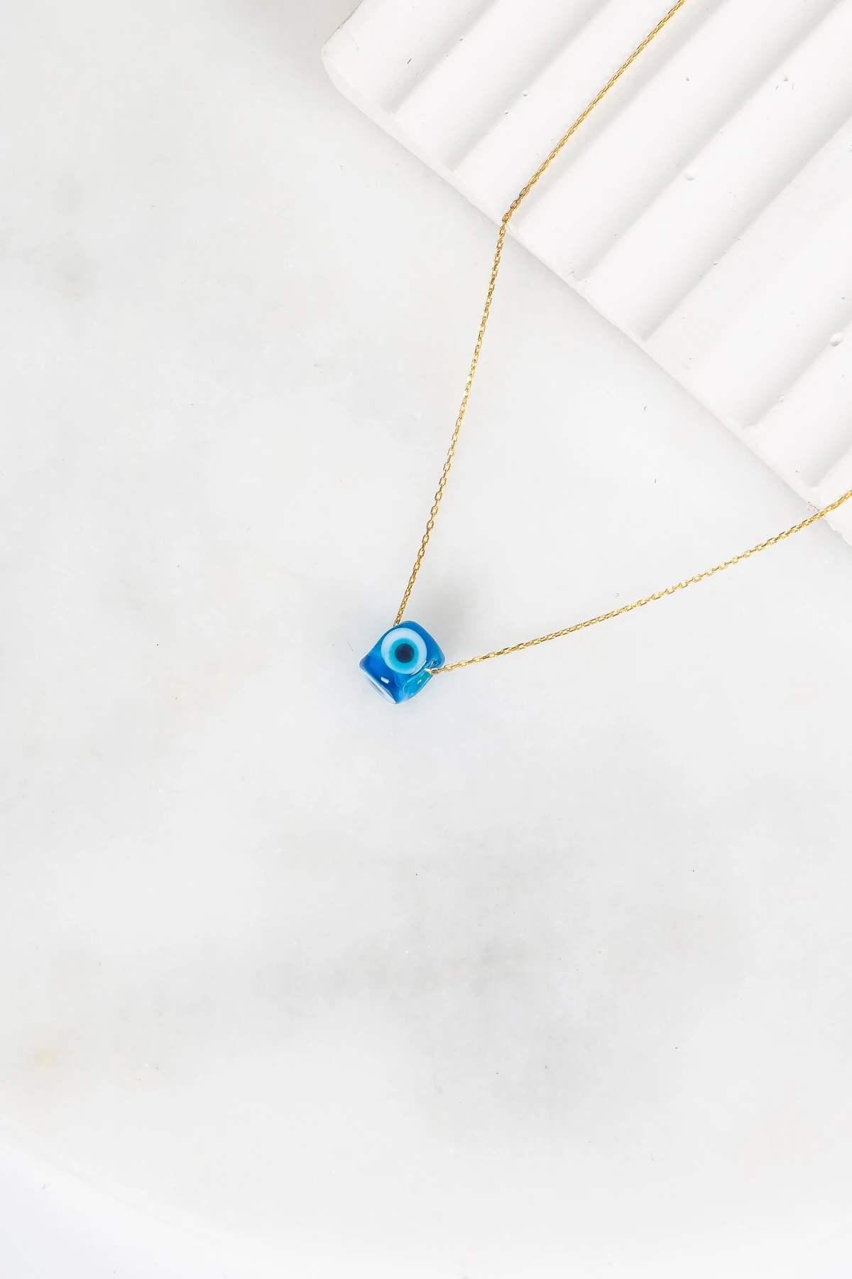 Gümüş El İşi Koyu Mavi Nazar Boncuklu Gold Kolye