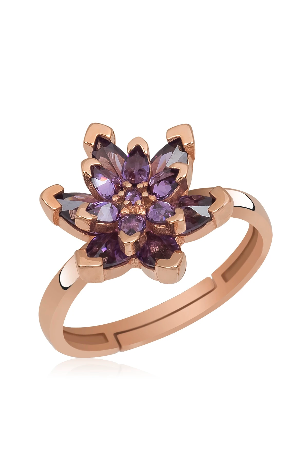Ametist Taşlı Lotus Çiçeği Yüzük 925 Ayar Gümüş