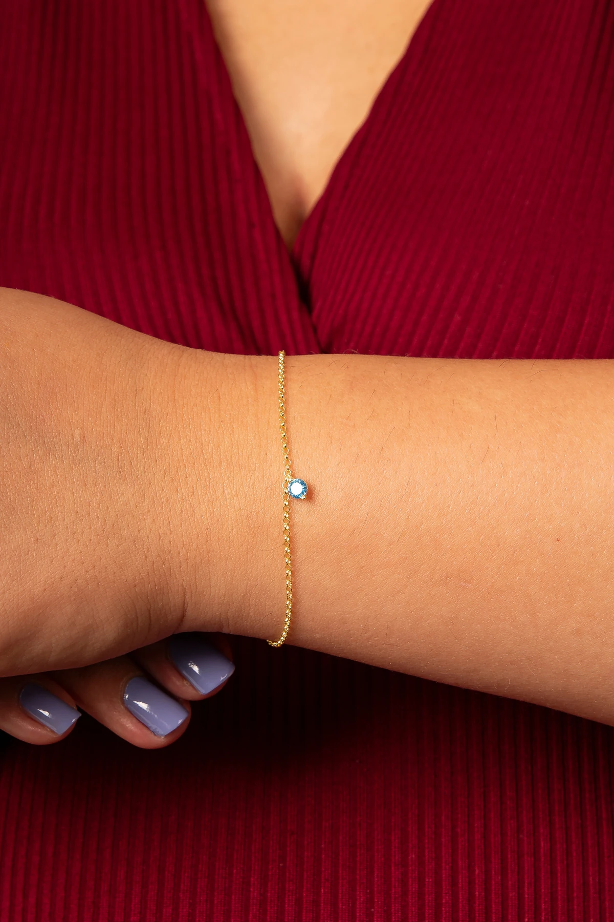 Gümüş Minimal Akuamarin Taşlı Gold Tek Taş Bileklik