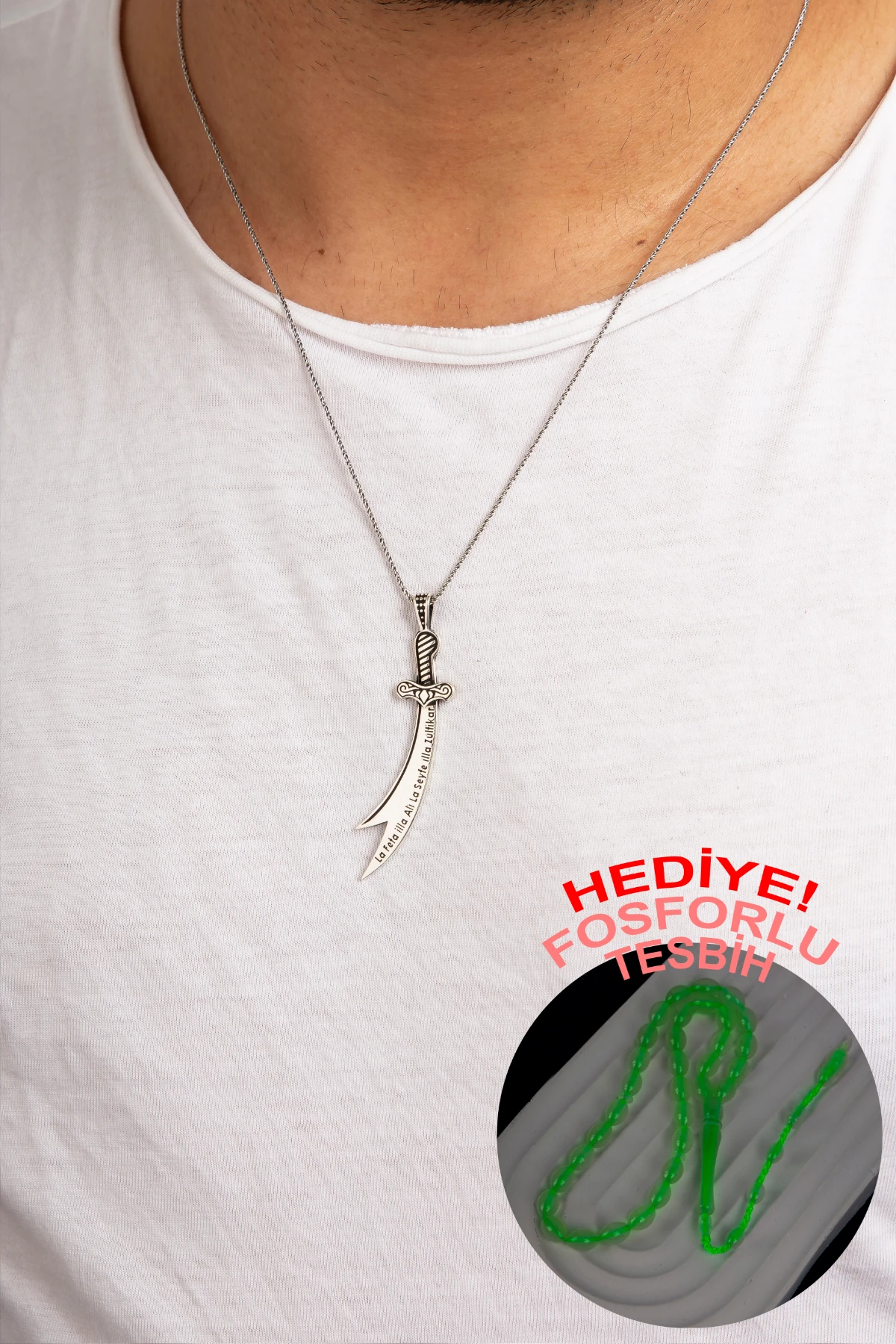 GÜMÜŞ HZ.ALİ KILIÇ MOTİFLİ VE YAZILI ERKEK KOLYE