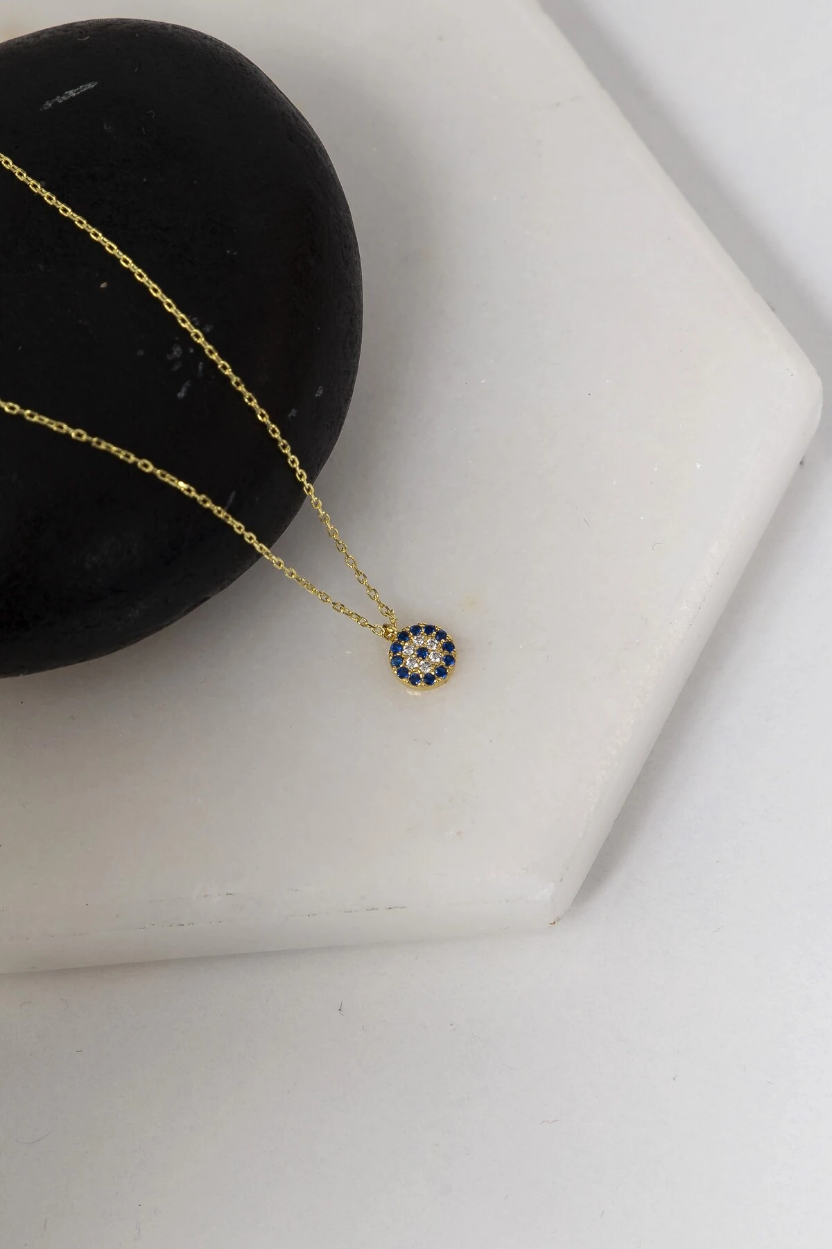 Gümüş Zirkon Taşlı Minimal Nazar Boncuğu Gold Kolye