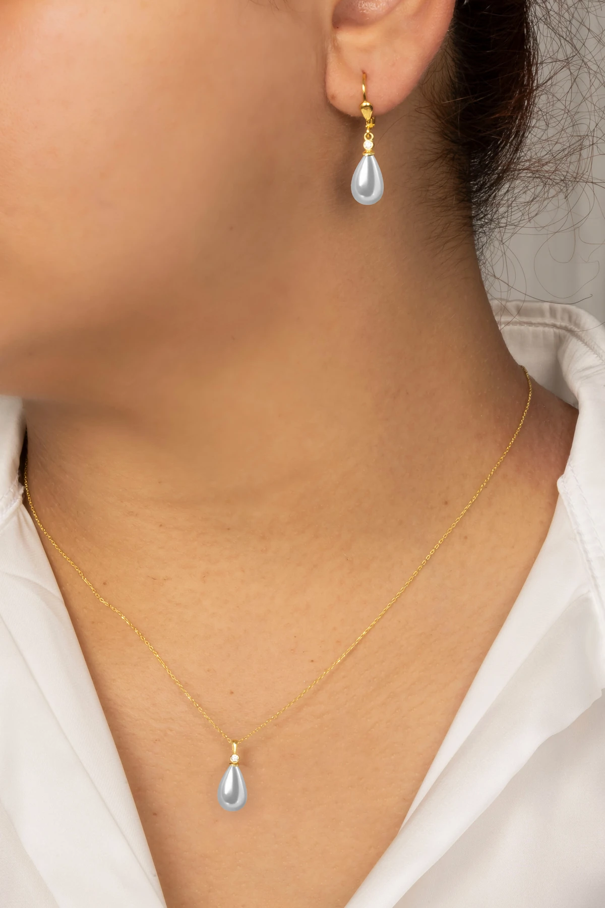 Gümüş Kadın Gold 2'li Set İnci Kolye Ve Mengeç Küpe 8x12 mm