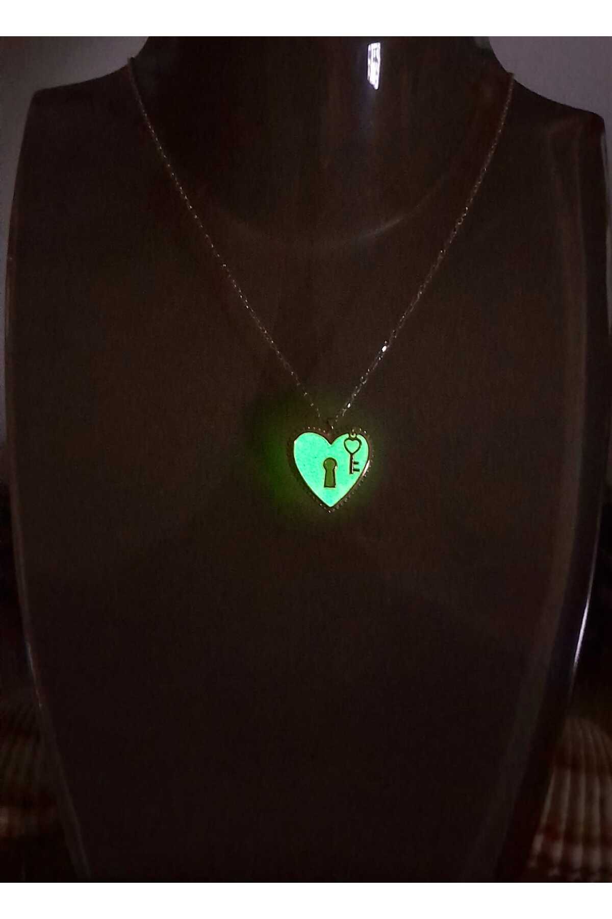 Gümüş Kalp Kolye Ve Anahtarı Gece Parlayan Rose | Hediyelik Notlu Ürün
