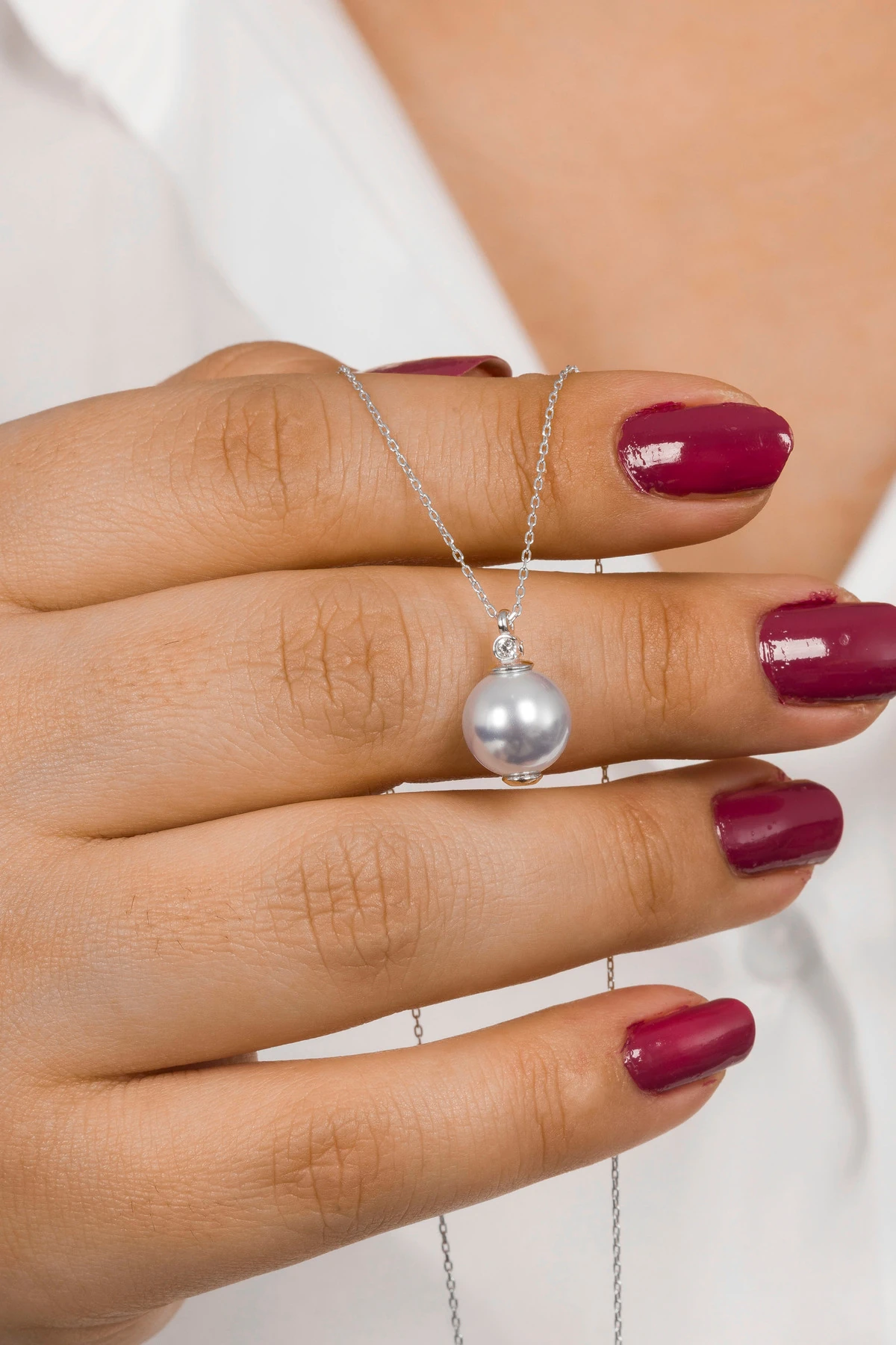 925 Ayar Gümüş Buz Mavi İnci Taşlı Rodaj Kaplamalı Kadın Kolye 10mm - Zarif Takı