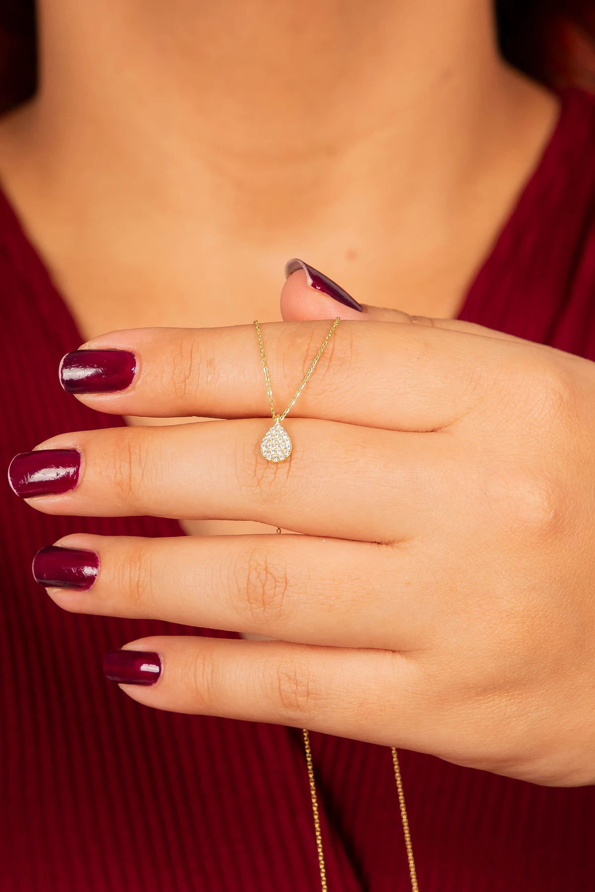 Gümüş Zirkon Taşlı Minimal Damla Gold Kolye