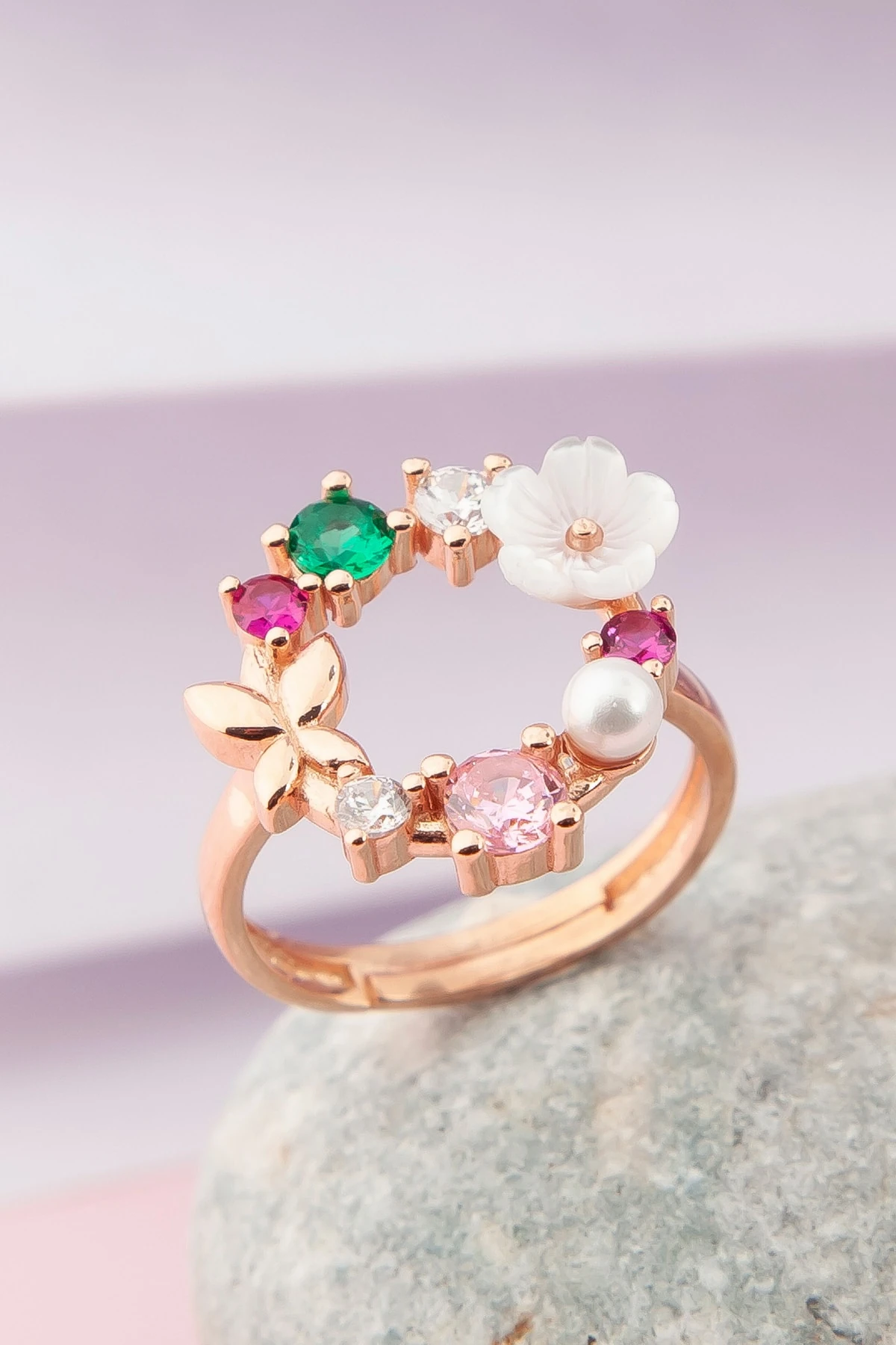 Mix Taşlı Rose Manolya Çiçeği Yüzük-925 Ayar Gümüş